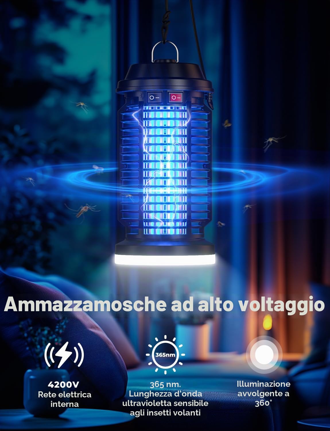 YISSVIC Lampada Antizanzare Elettrica Uccide Zanzara Elettrica 4200V +15W UV Lampada Antizanzare IPX4 Impermeabile per Interno e Esterno