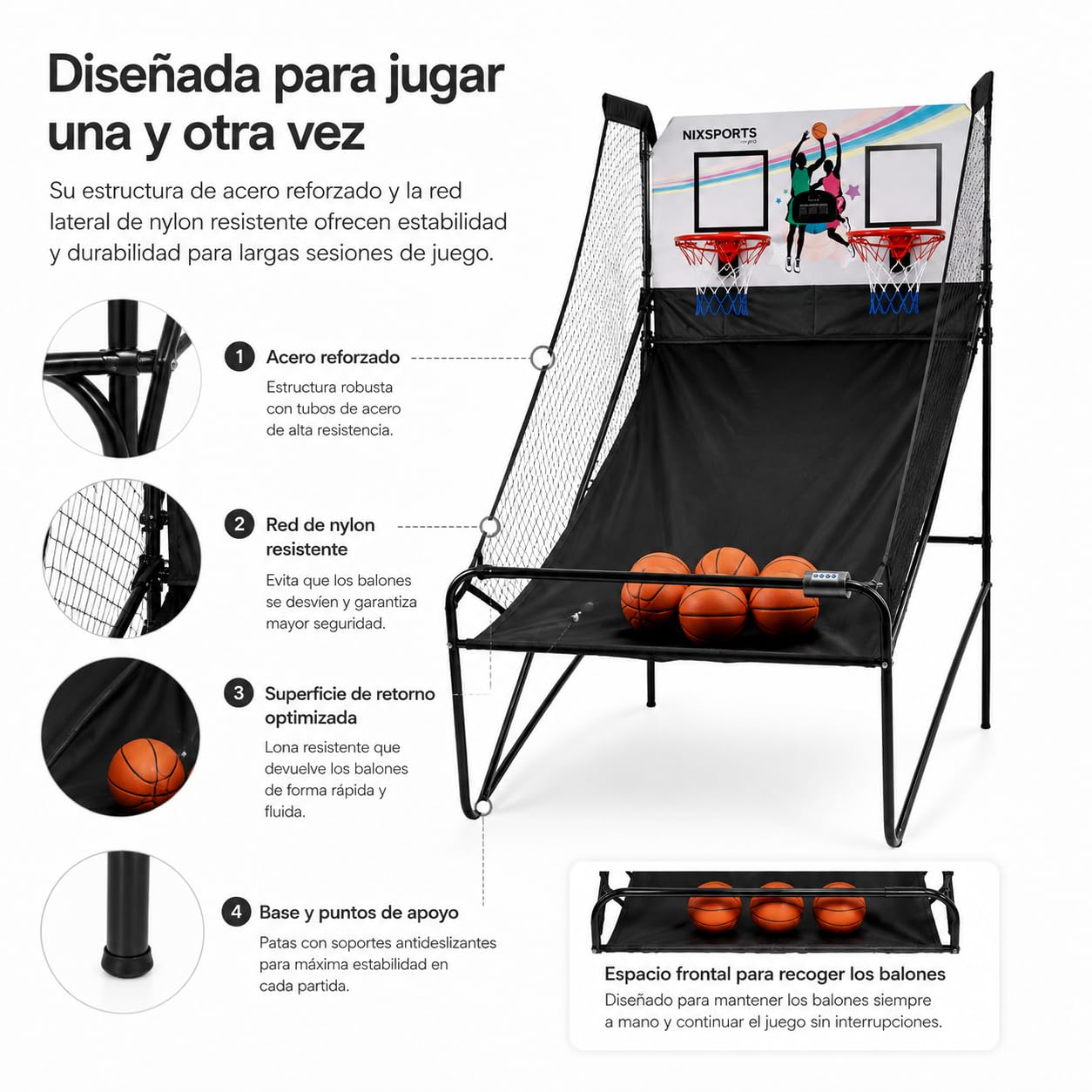 Canasta Doble Arcade Infantil Plegable con Marcador electrónico y Sonido – Panel Inteligente, Acero Reforzado, Red Nylon Resistente, Retorno balón, Interior