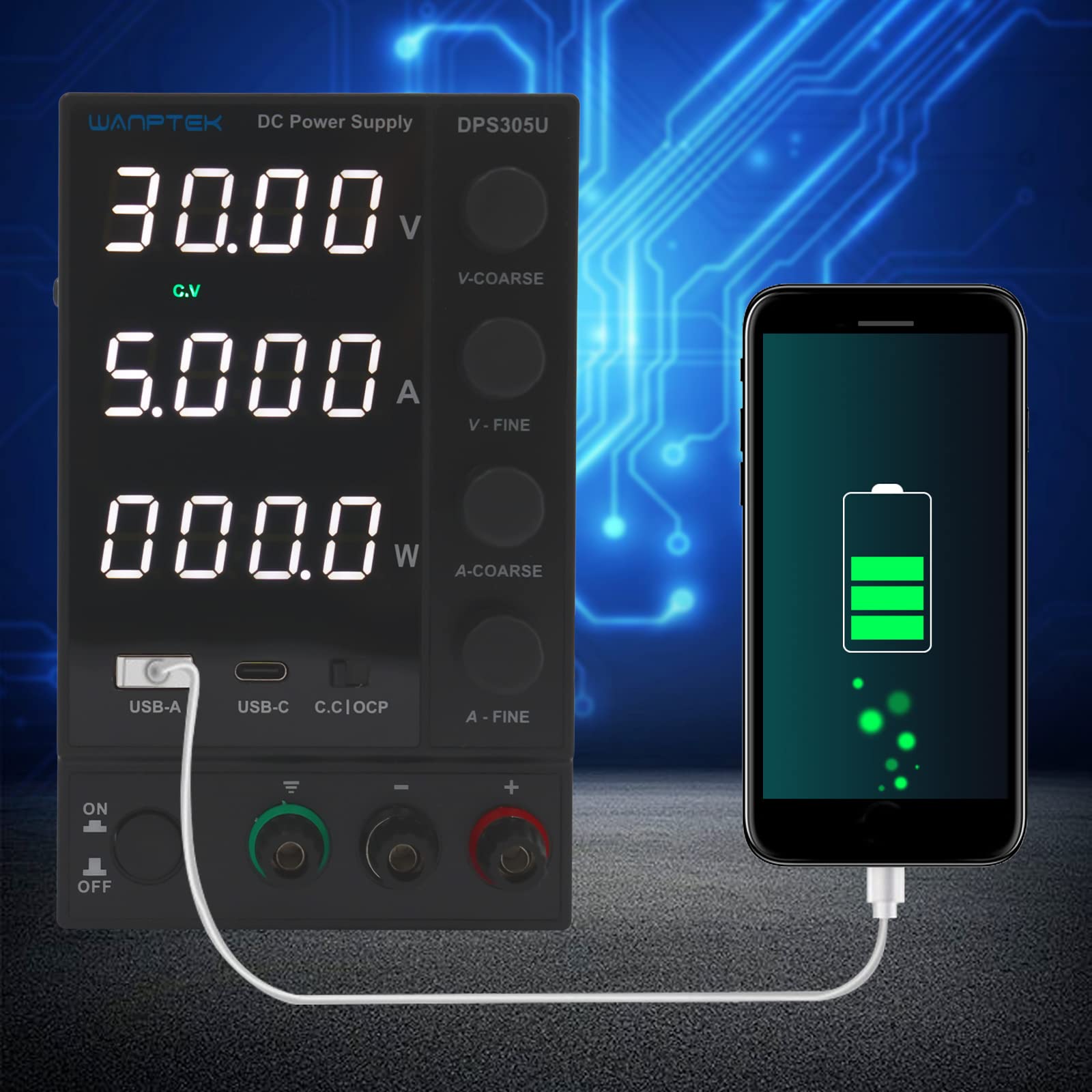 Fuente de alimentación de laboratorio (30 V, 5 A, regulable), con función de carga rápida USB, DC Power Supply