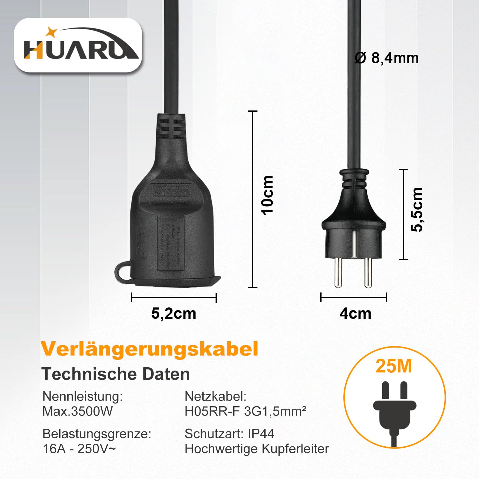 Verlängerungskabel Outdoor 25m, Gummi Stromkabel Verlängerung mit Schuko Stecker für den Außenbereich IP44, Kabelverlängerung außen H05RR-F 3G1,5mm² mit Schutzkappe, Außenkabel, 3500W, Schwarz
