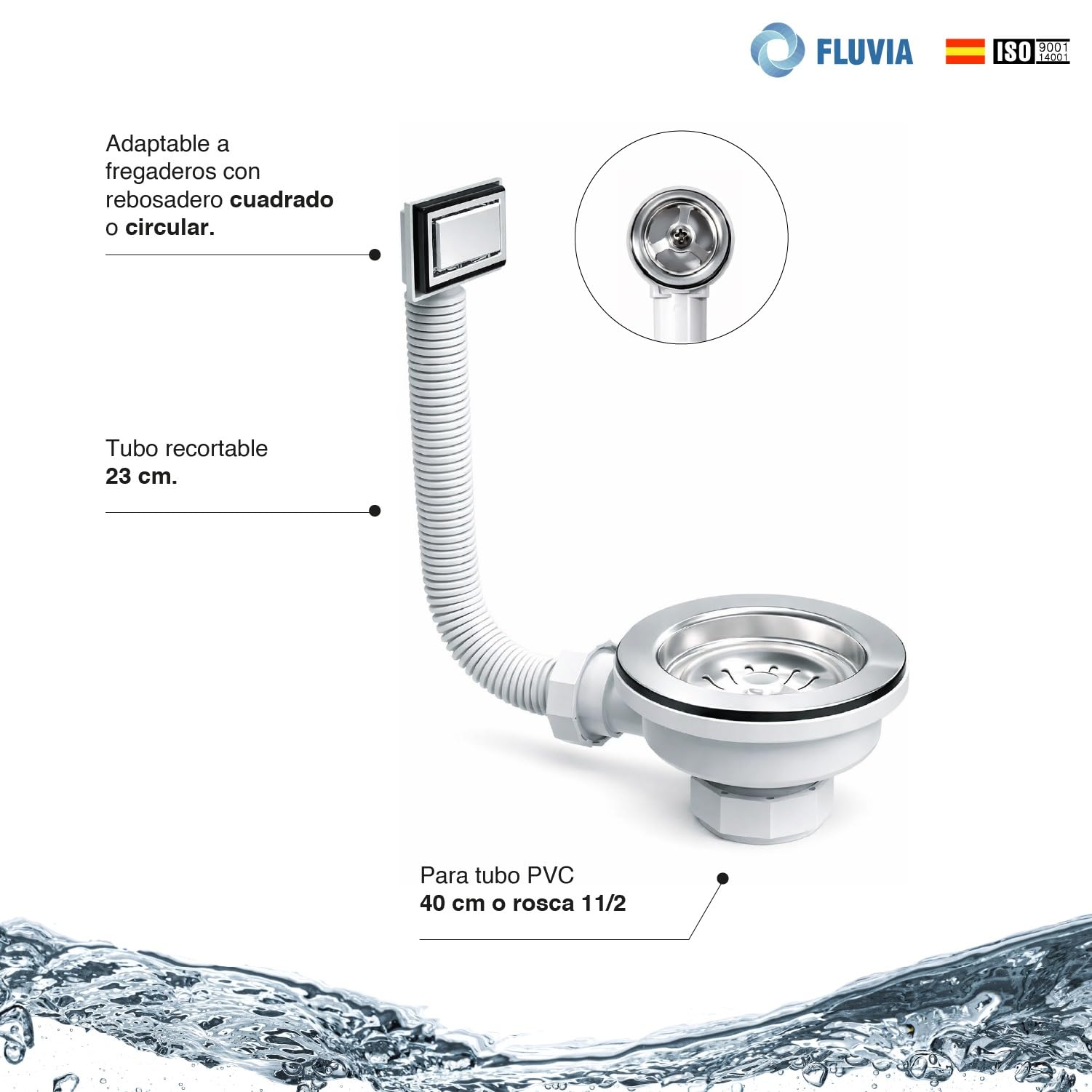 Válvula de Desagüe para Fregadero de Cocina 115 mm con Rebosadero Cuadrado o Circular – Evita Atascos y Fugas, Cesta Filtrante y Tubo Ajustable – Instalación Fácil para Reformas | FLUVIA