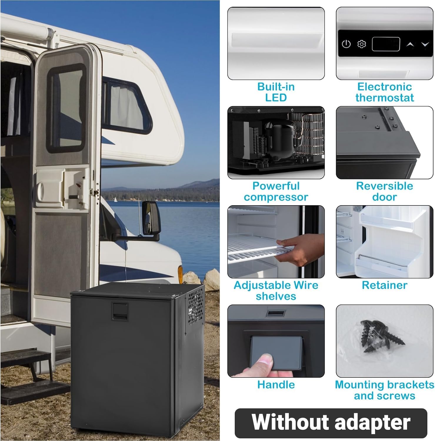 Smad 12V RV Refrigerator, 3 Cu.Ft RV Fridge, 12V/24V Camper Refrigerators with Freezer, Semi Truck Fridges Compact for Camping,Travel, Motorhome, Reversible Door, Adjustable Thermostat, Black