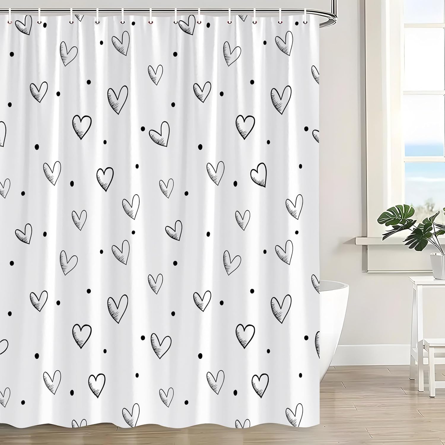 Valentine's Heart Shower Curtain Black White Sweet Hearts Polka Dot Romantic Love Couple Wedding Marriage Creative Holiday Decor Bathroom Curtain Set with Hook 70" WX84 H