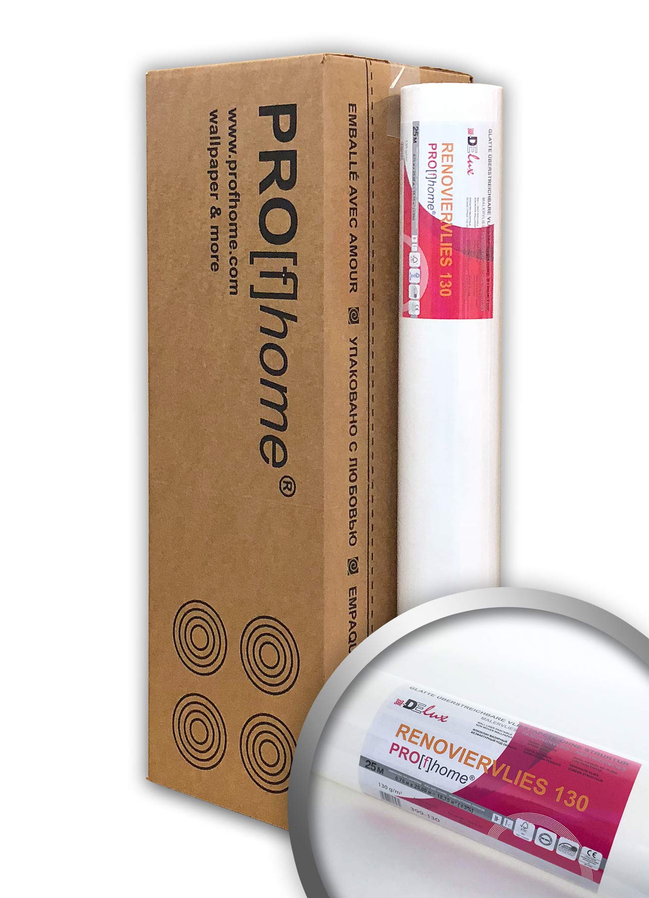 Profhome Renoviervlies 130 g Öko Malervlies glattes Vlies rissüberbrückende Vliestapete umweltbewusst nachhaltig umweltschonend weiß 1 Karton 4 Rollen 75 qm FSC® MIX Nr. TSUD-COC-001718-KR
