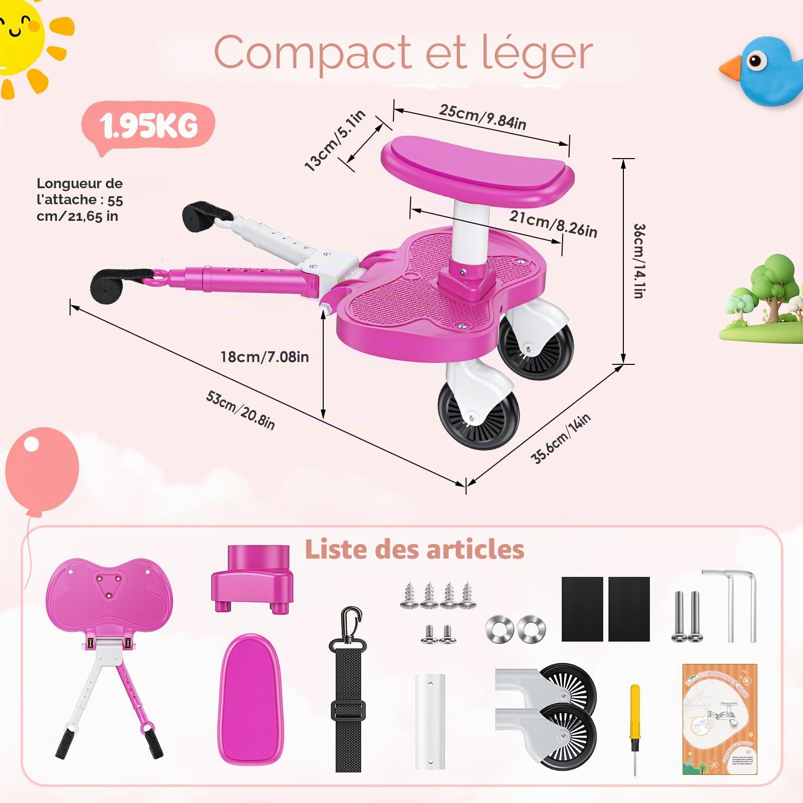 Planche Poussette Universelle Rose, Marche Pied Poussette Universelle avec Siège, Compatible 99% des Poussettes, Planche à Roulettes pour Enfants 2-6 Ans (25KG)