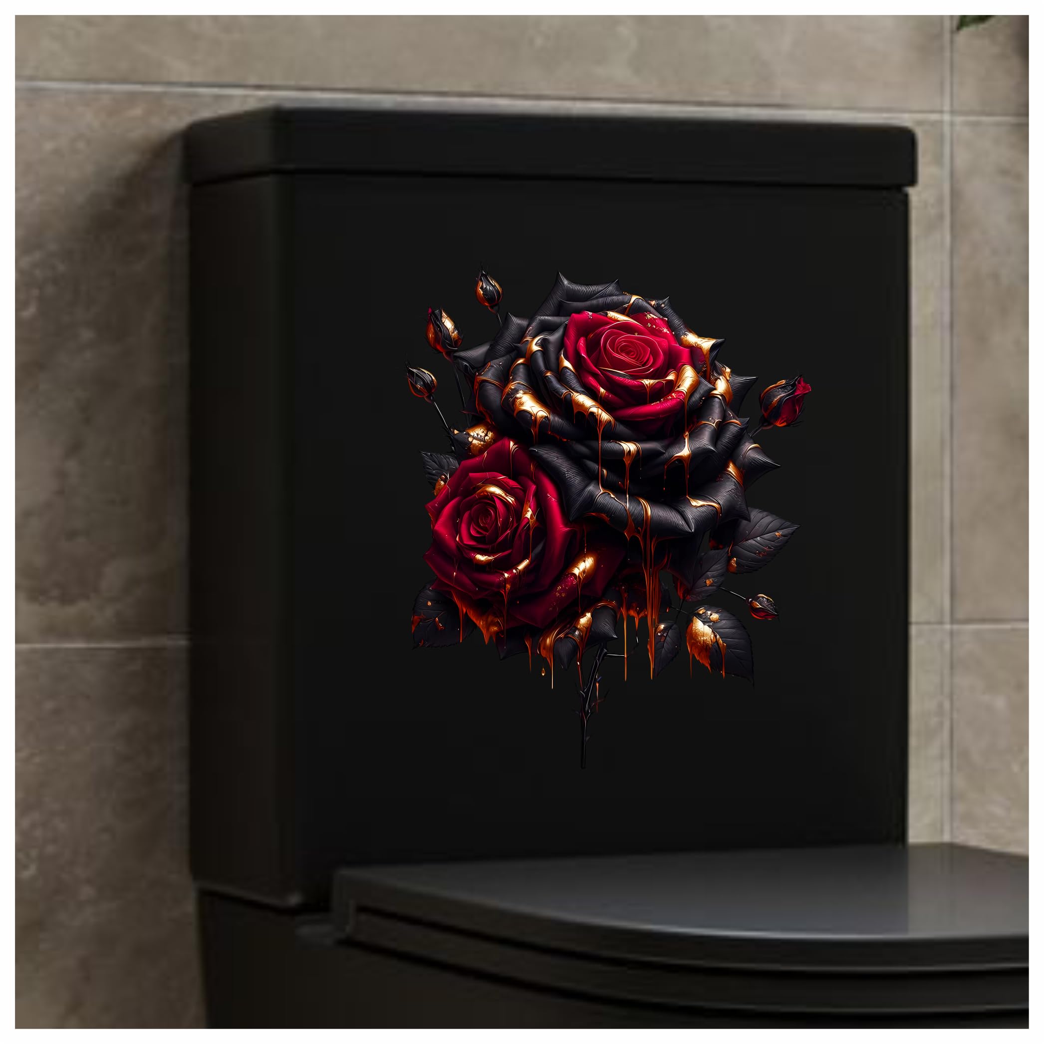 Red Gold Rose Toilet Seat Lid Decals, Non Transparent, Cover Marks, No Unsightly Film, No White Edges, 26cm Tall, Weatherproof, Multi Purpose Gothic Flower Vinyl Stickers