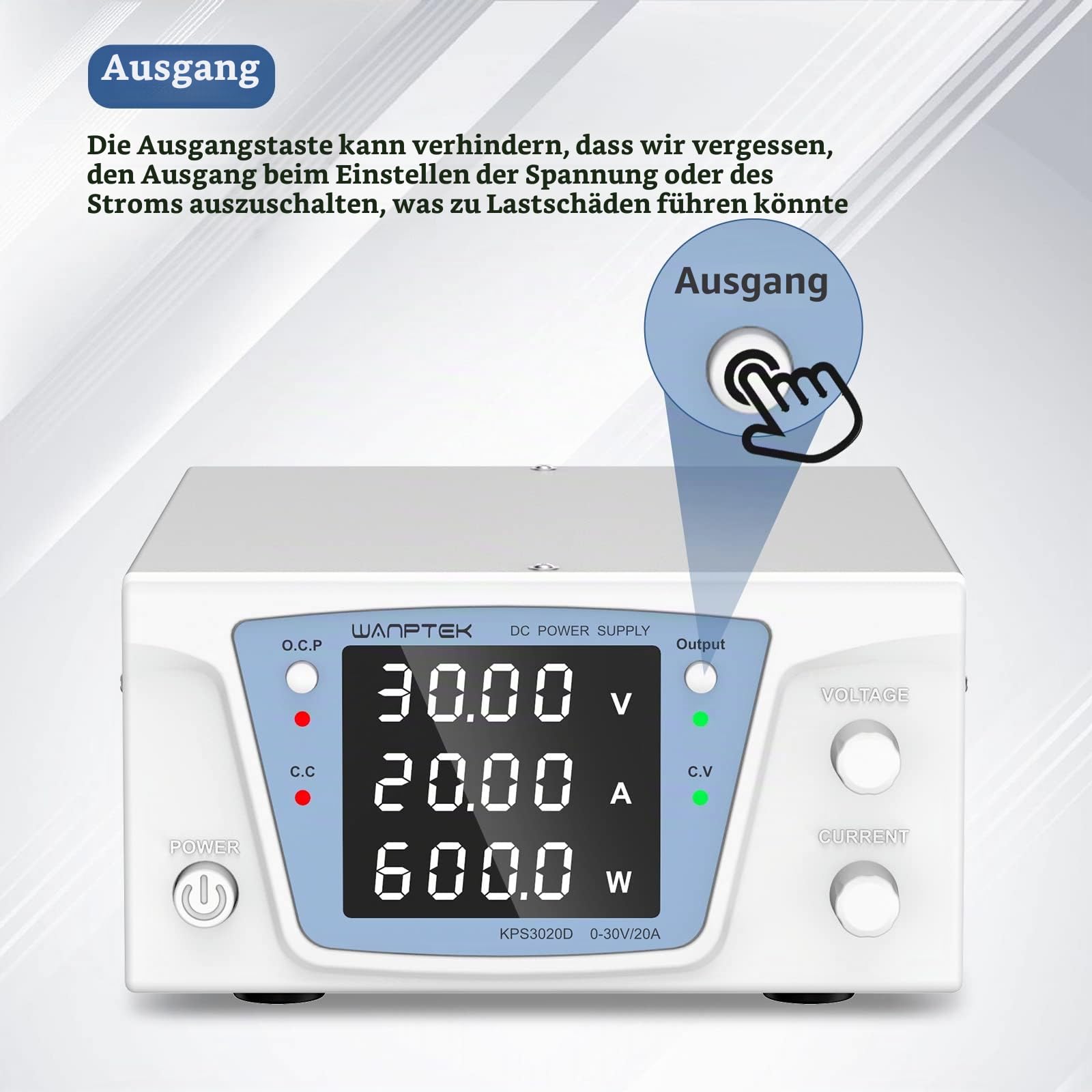 Labornetzteil 0-30V/0-20A 600W mit Output-Taste/Encoder-Knopf/OCP