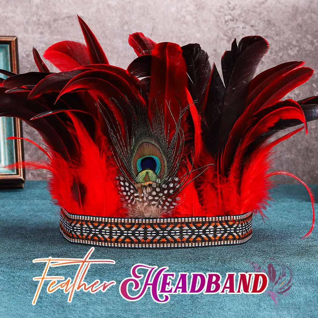 GORTIN Indian Headdress Peacock Feather Headband Native American Headpiece Carnival Costume Hair Accessories for Women (Red, Free size) - Image 2