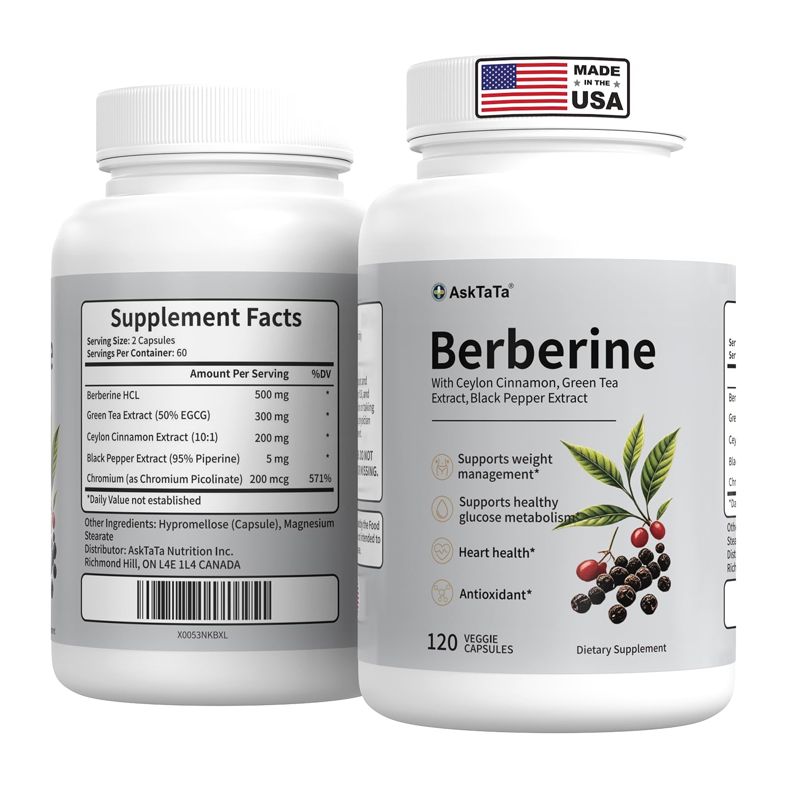 Berberine Complex Supplement with Ceylon Cinnamon,Green Tea Extract,Chromium & Black Pepper Extract,Natural Herbal Complex,120 Capsules