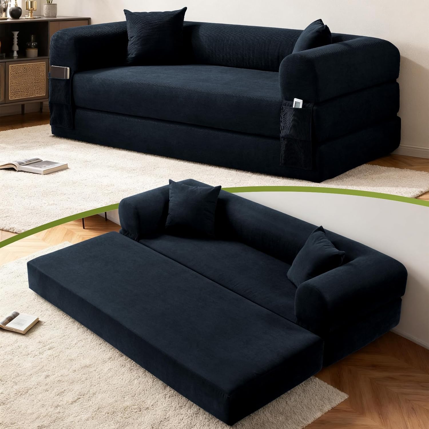 80 Inch Convertible Sofa Bed,Folding Pull Out Couch with Pillows & Storage Pocket,Corduroy Queen Sleeper Sofa in a Box,No Assembly Boneless Couch for Living Room,Deep Blue