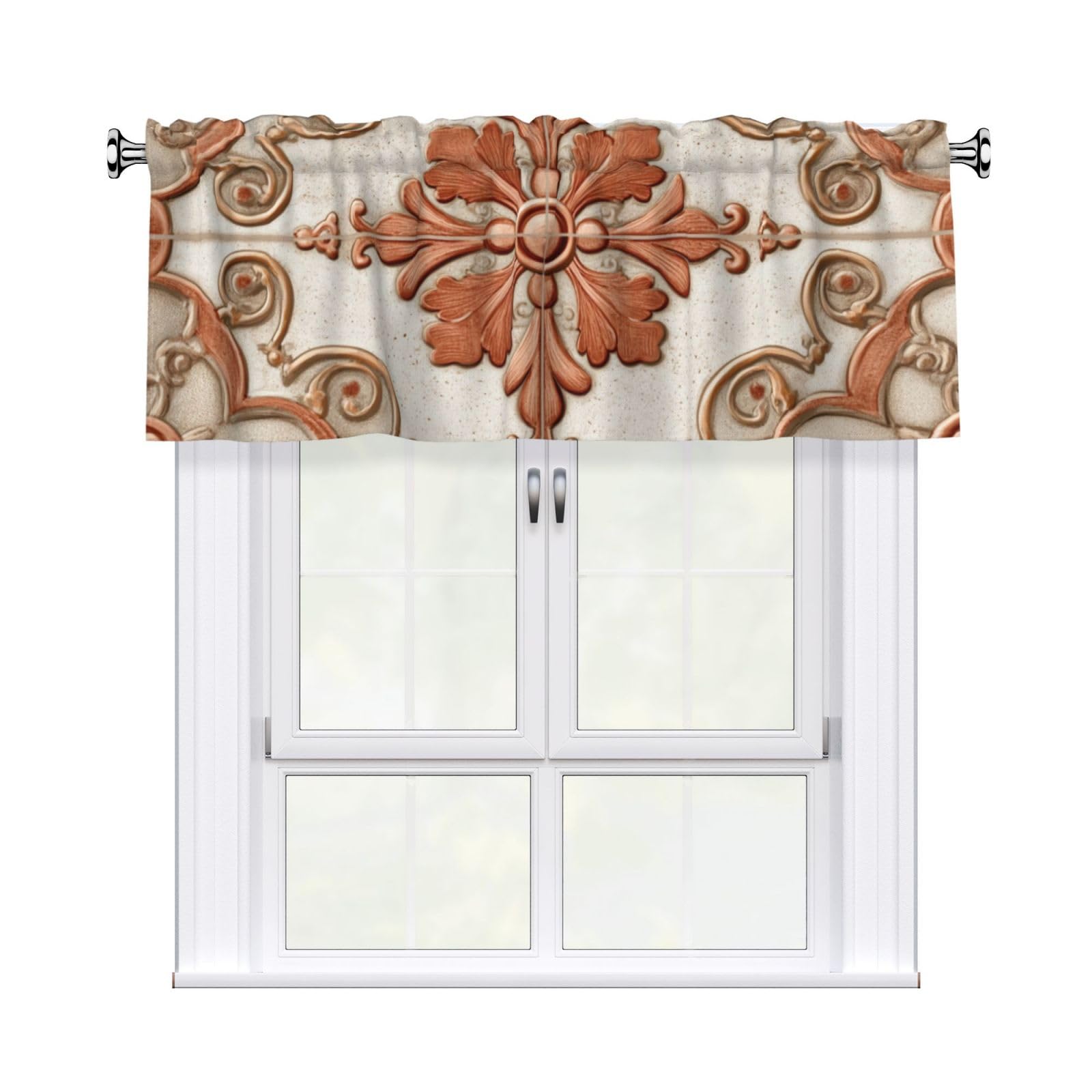 Woshuwo Victorian Tile Ivory And Copper Flower Pattern Valances For Windows Rod Pocket Window Treatment Short Curtains For Kitchen Living Room Bedroom Decor 54x18in