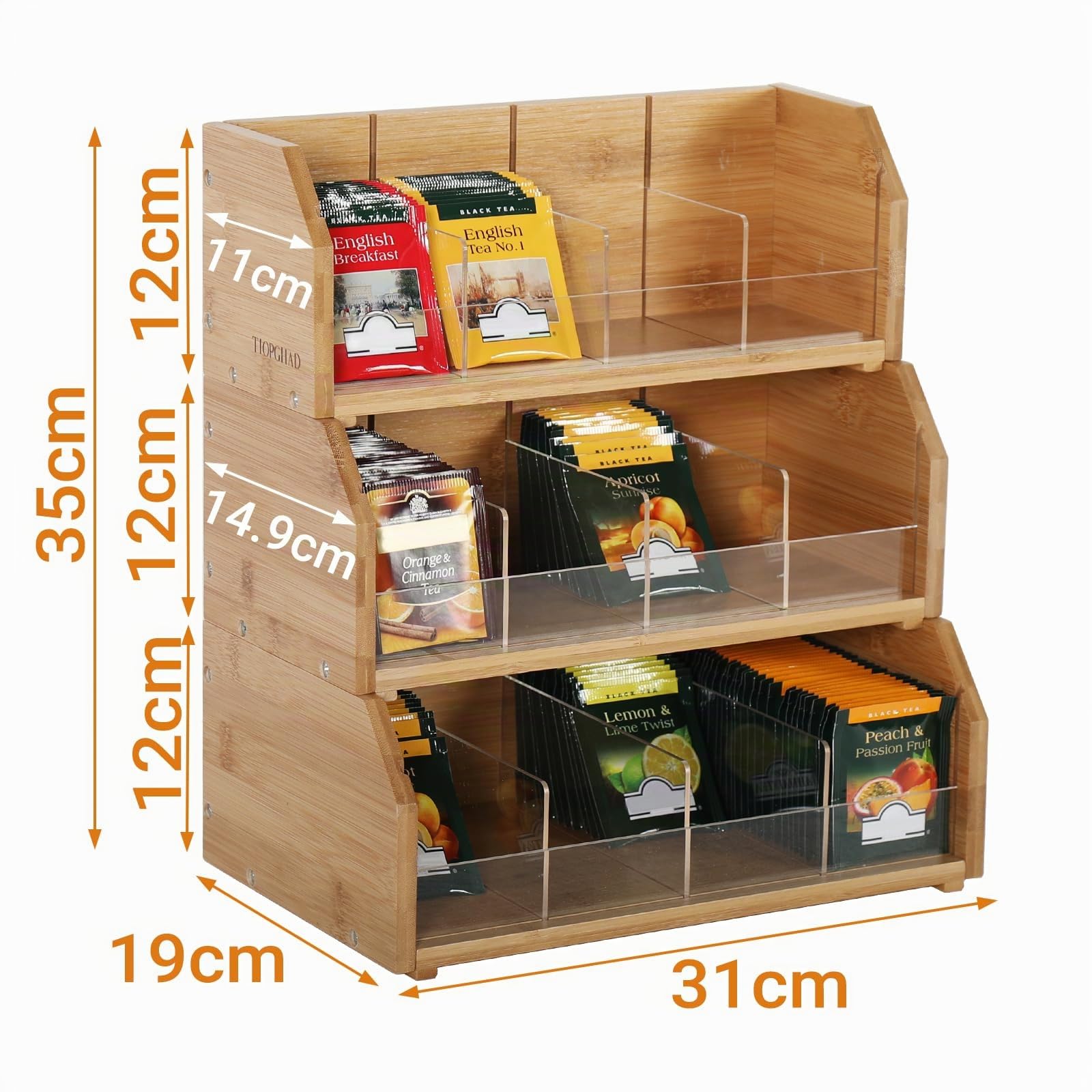 TIOPGHAD Organizer per bustine di tè in bambù impilabile a 3 strati, per bustine di tè, contenitori in legno, supporto per bustine, armadietti, piani di lavoro e ufficio (design brevettato)