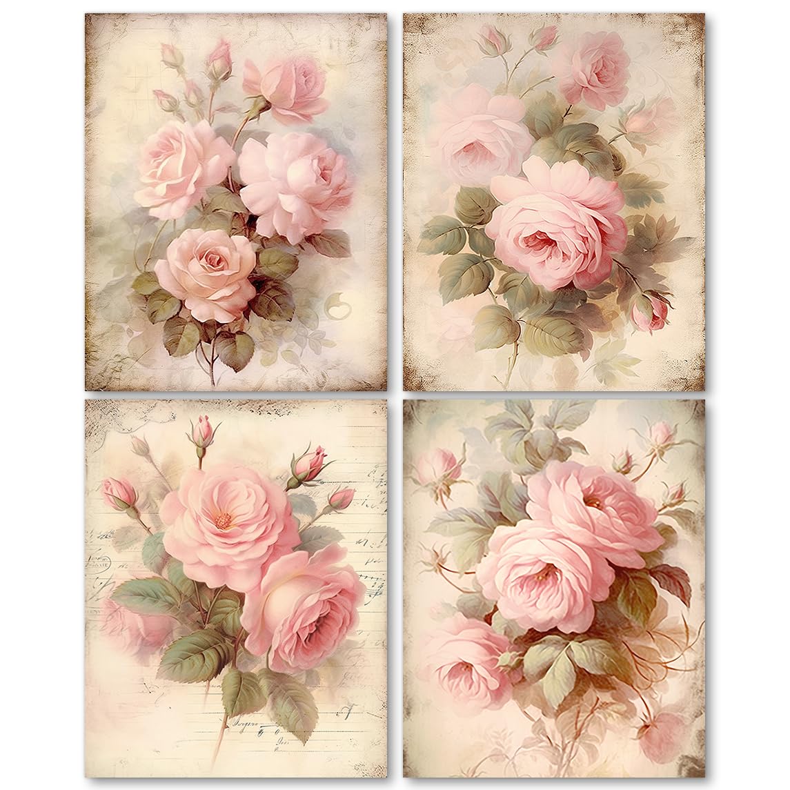 Set di 4 stampe artistiche da parete senza cornice, stile vintage, con rose rosa, decorazione floreale da parete, stile shabby chic, colore rosa, stampe per la casa, decorazione da parete, 40,6 x 61
