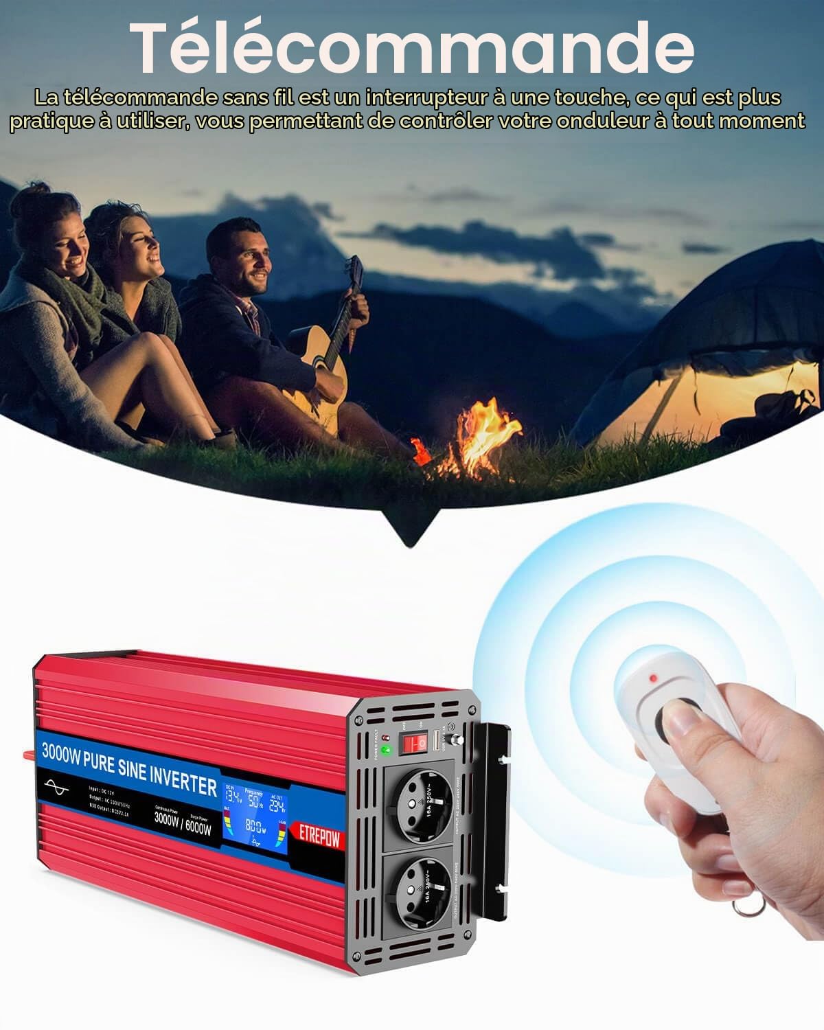 3000W/6000W Convertisseur 12V 230V Pur Sinus Onduleur à Onde Sinusoïdale Pure Transformateur avec Télécommande & Double AC Prises de Courant pour RV Voiture de Camion