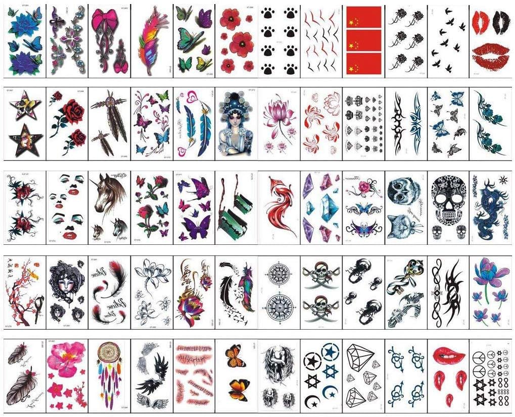 60 Sheets Colourful Temporary Tattoo Stickers Various Designs Removable Waterproof Temporary Tattoos Body Art Sticker Sheet Paper ( Red lips, Butterflies, Skeletons, Feathers, Flowers, Diamonds Etc. )