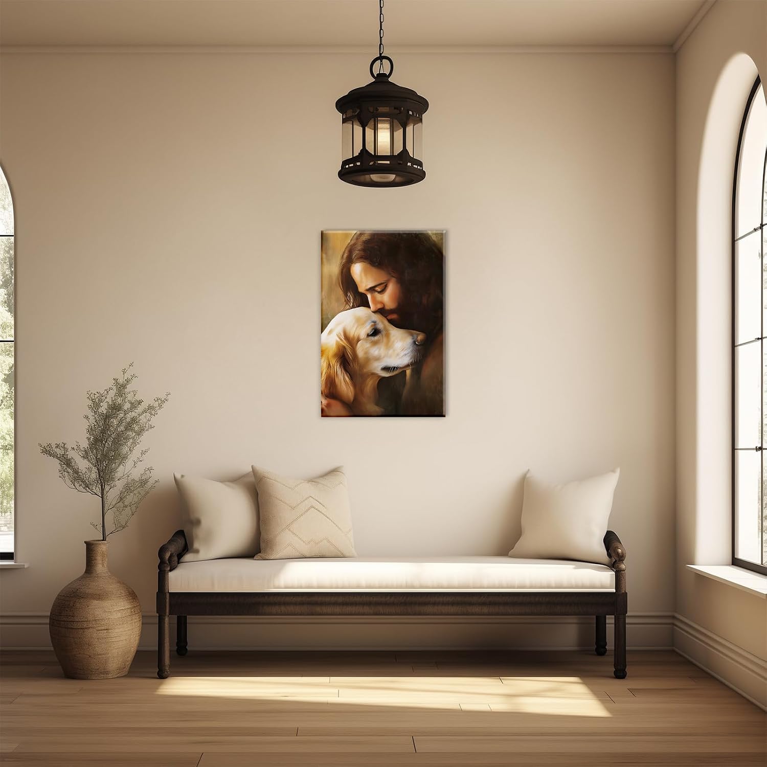 Jesus Animal Canvas Wall Art Christian Jesus And Yellow Dog Painting Picture Modern Religious Poster Inspirational Artwork For Living Room Bedroom Framed Decor(Artwork-3,16"x24")