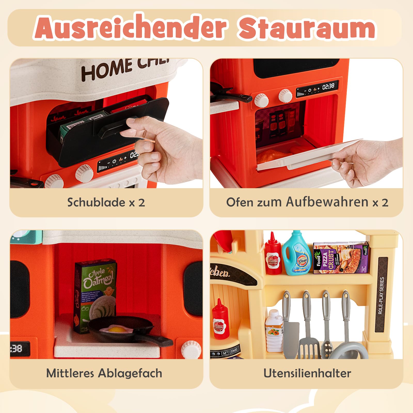 DREAMADE Kinderküche mit 42 TLG. Zubehör, Kinderspielküche mit Licht und Sound, Dampf, Wasser, Spüle, Wasserhahn, Herd, Backofen, Spielzeugküche, Spielküche für Kinder ab 3 Jahren (Orange)