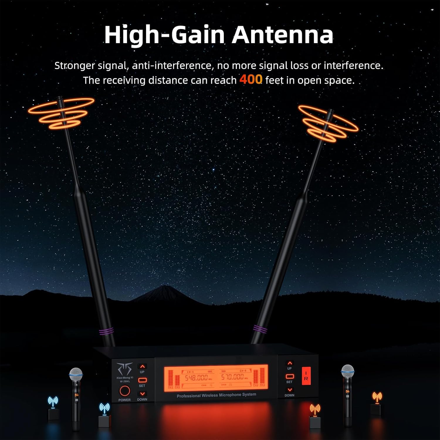 Dual Channel Wireless Microphone System, 2 Handheld Dynamic Mic, 200 UHF Frequencies, Auto Scan, 400ft Long Range, Suitable for Singing, Karaoke, Wedding, Performance - Image 6