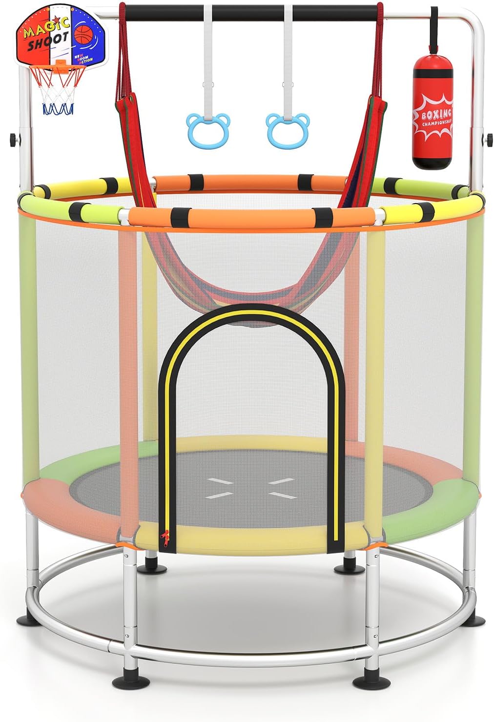 GYMAX 55" Trampoline for Kids, 440LBS 6 in 1 Toddler Rebounder with Swing, Basketball Hoop, Punching Bag, Rings & Bar, No-Gap Jumping Mat Mini Indoor Outdoor Trampoline
