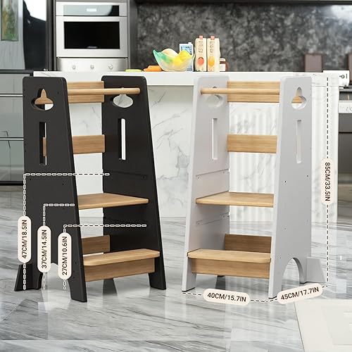 Miniatura 2 de COSYLAND Torre ajustable de pie para niños pequeños de 33.5 pulgadas, taburete estable de cocina para niños con barra transversal protectora,