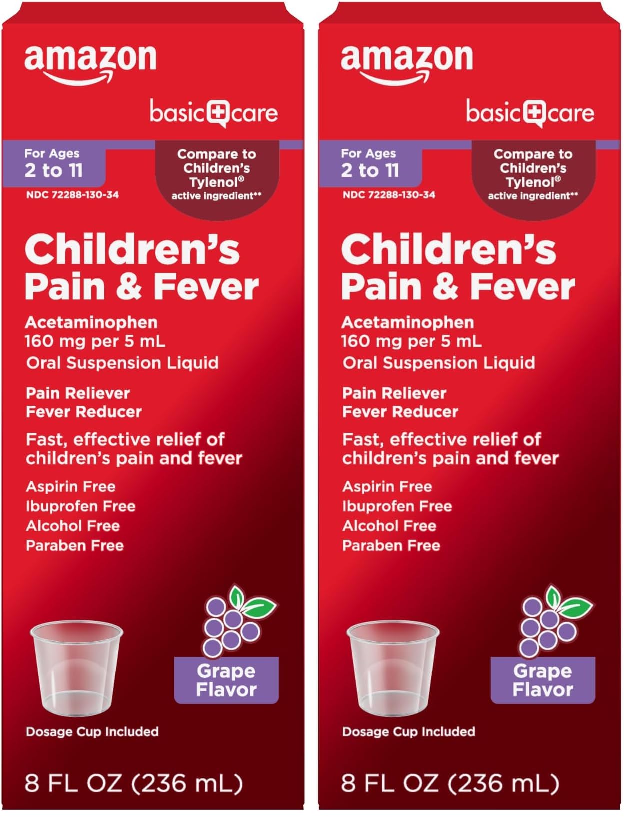 Amazon Basic Care Children's Pain and Fever, Acetaminophen 160 mg per 5 mL Oral Suspension, Pain Reliever, Fever Reducer, Grape Flavor, 8 fl oz (Pack of 2)