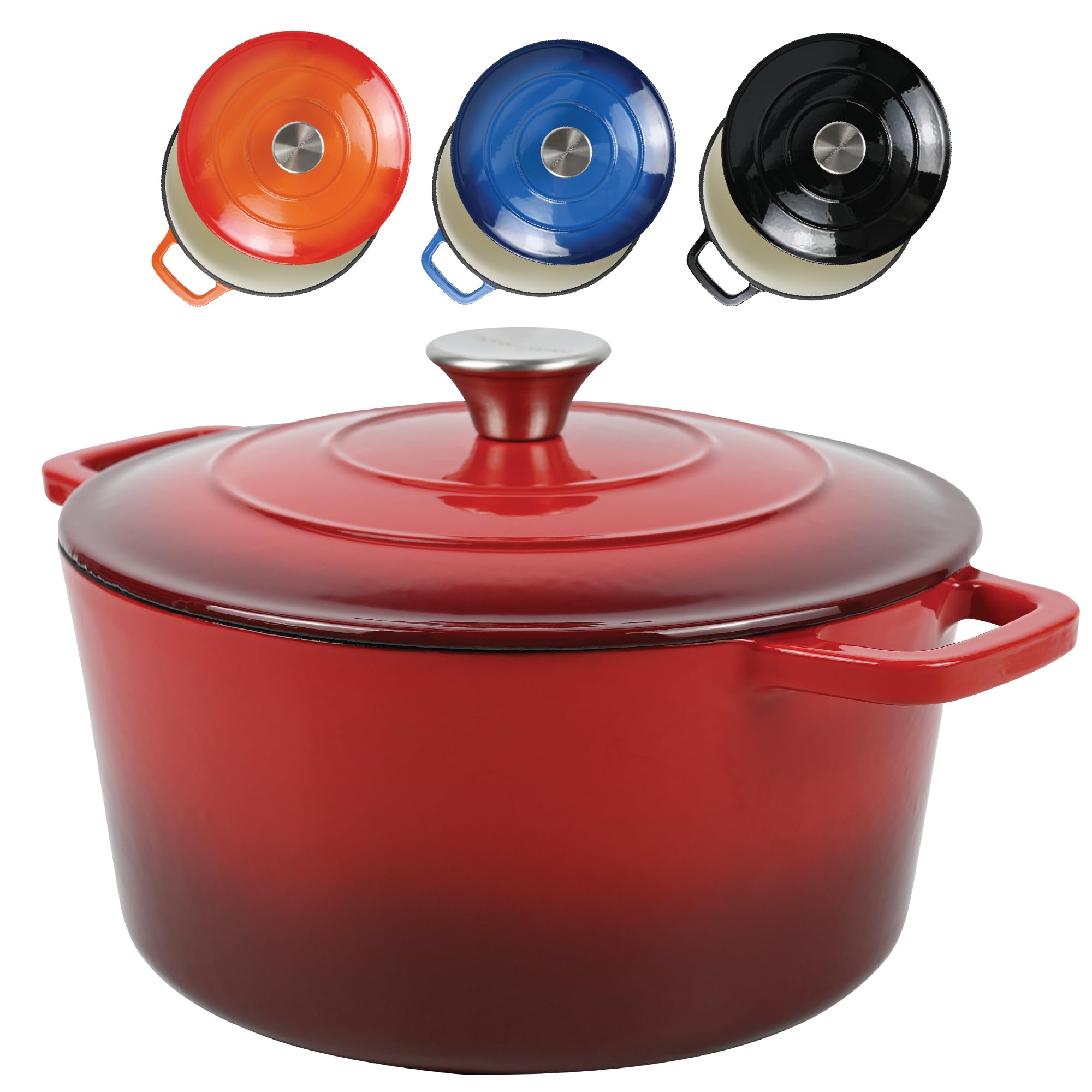 ANDREW JAMES Cast Iron 5L Round Casserole Dish with Lid – Enamel Coated Dutch Oven for Bread Baking, Stews, Roasting & Braising – Oven Proof Cast Iron Pan, No Seasoning Required (Red)