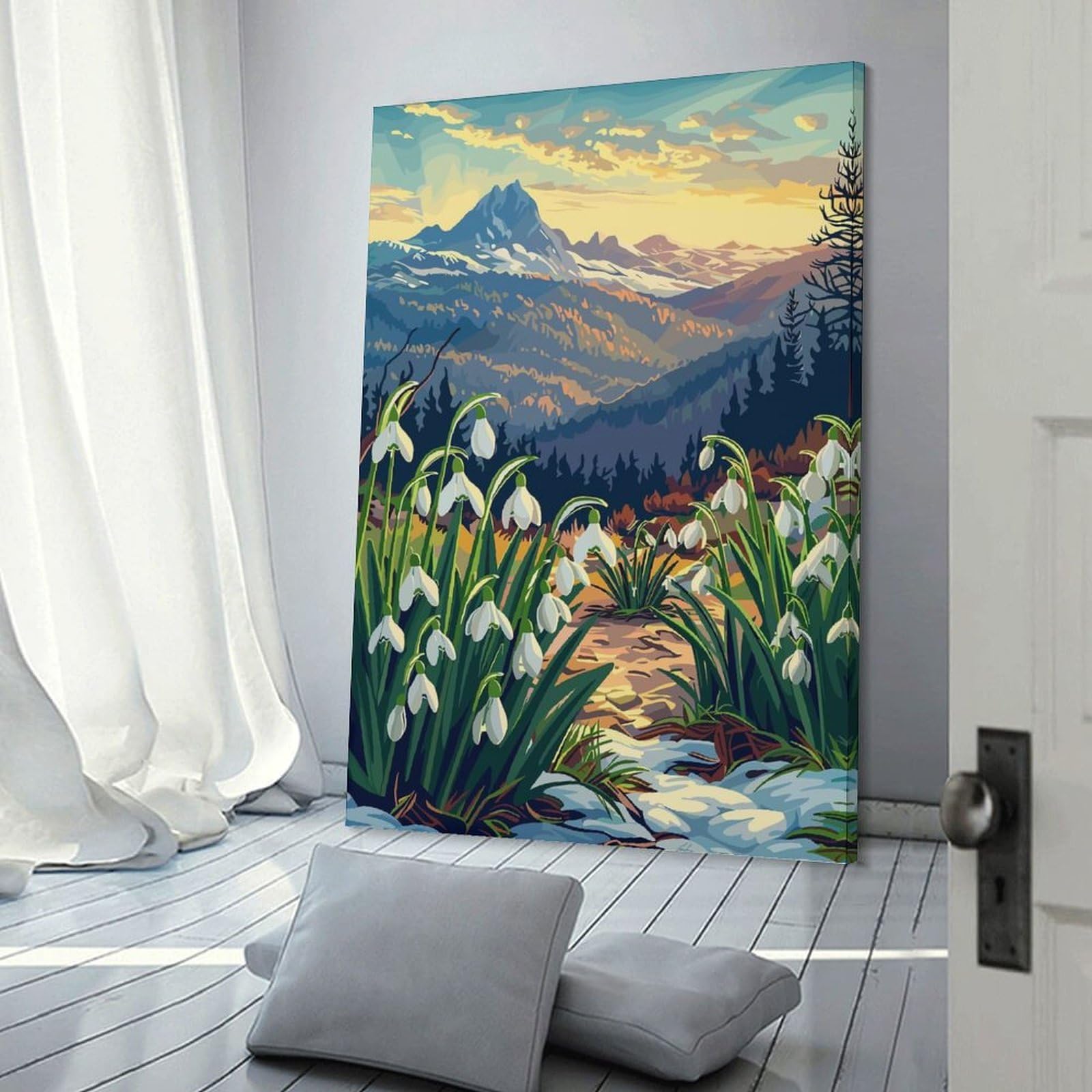 Junmoney Wall Art Print Snowdrops And Mountain View, 12x18inch(30x45cm), for Hallway, Bedroom Or Modern Interiors, Thoughtful Wall Decor for Art Lovers