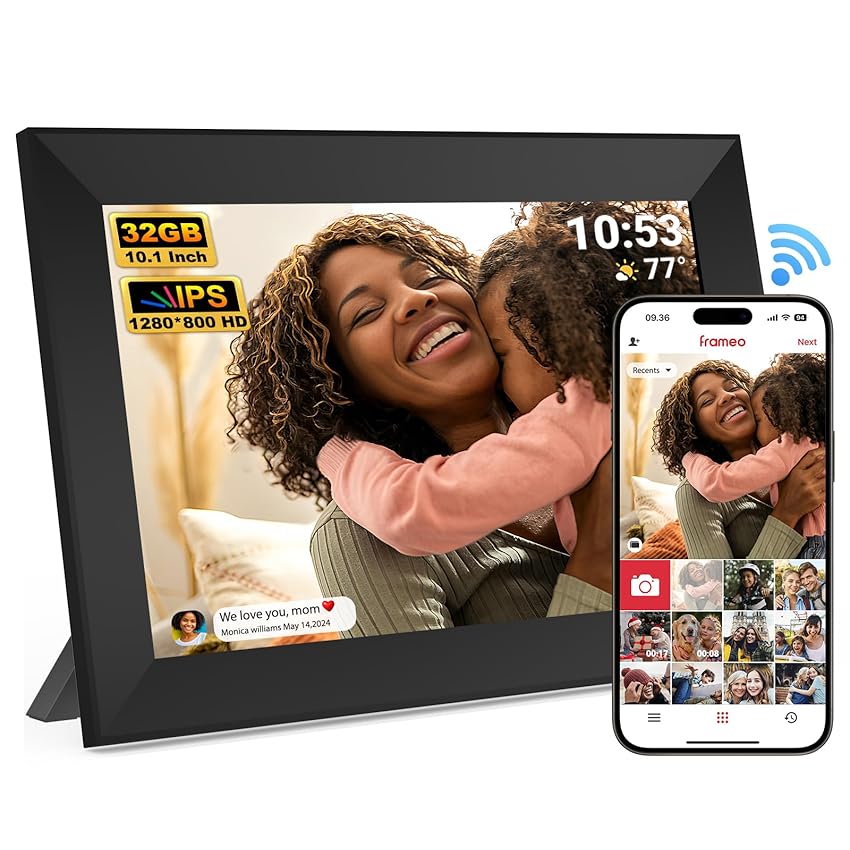 Frameo Cornice Digitale WiFi da 10,1 Pollici, 32GB, Schermo IPS Touchscreen HD 1280 x 800P, Rotazione Automatica, Condividi Foto/Video Subito da Qualsiasi Luogo (Elegante Nero)