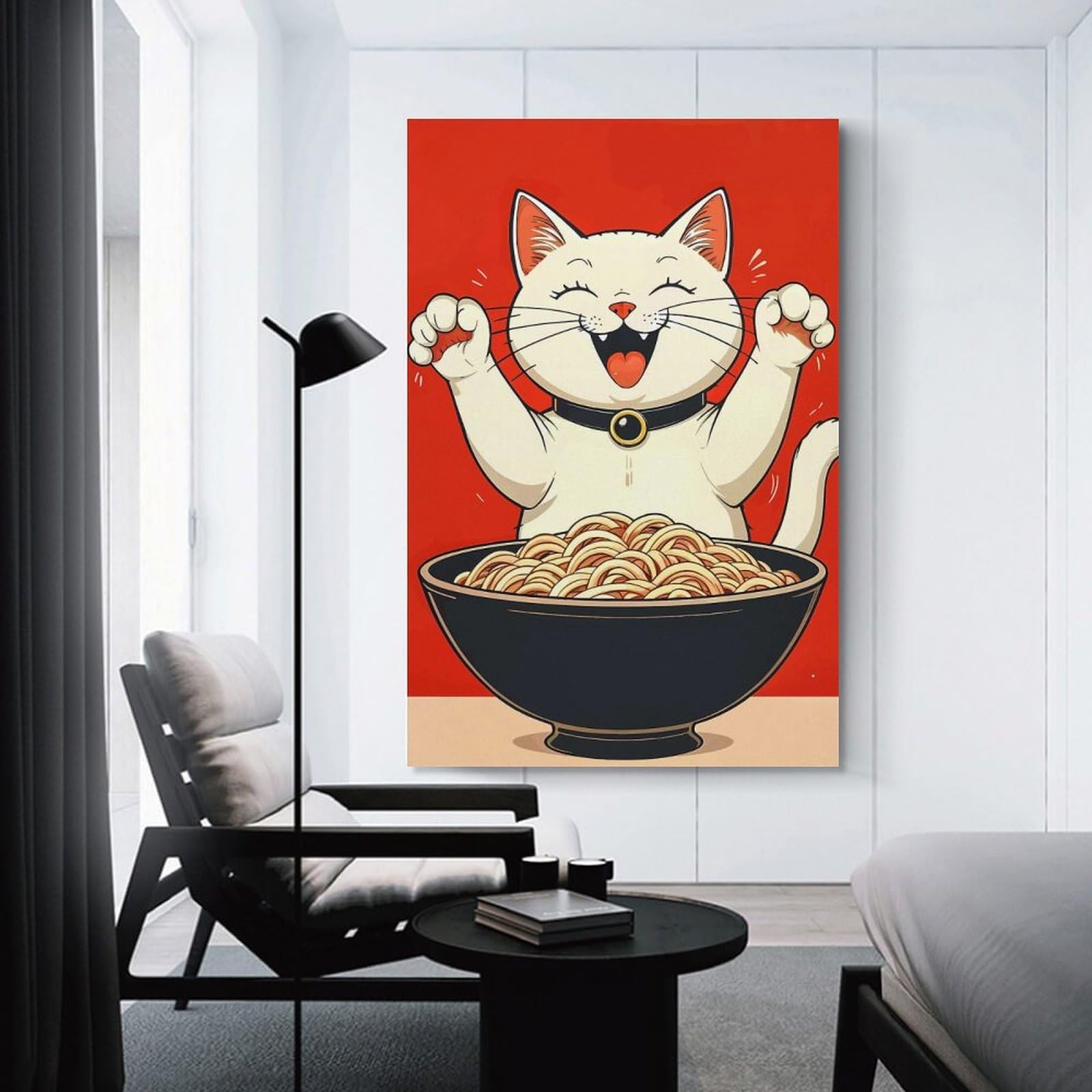 Junmoney Wall Decor Canvas Print Happy Cat with Noodles, 12x18inch(30x45cm), for Home Lounge, Bedroom Or Reading Nook, Canvas Styling for A Polished Room Look