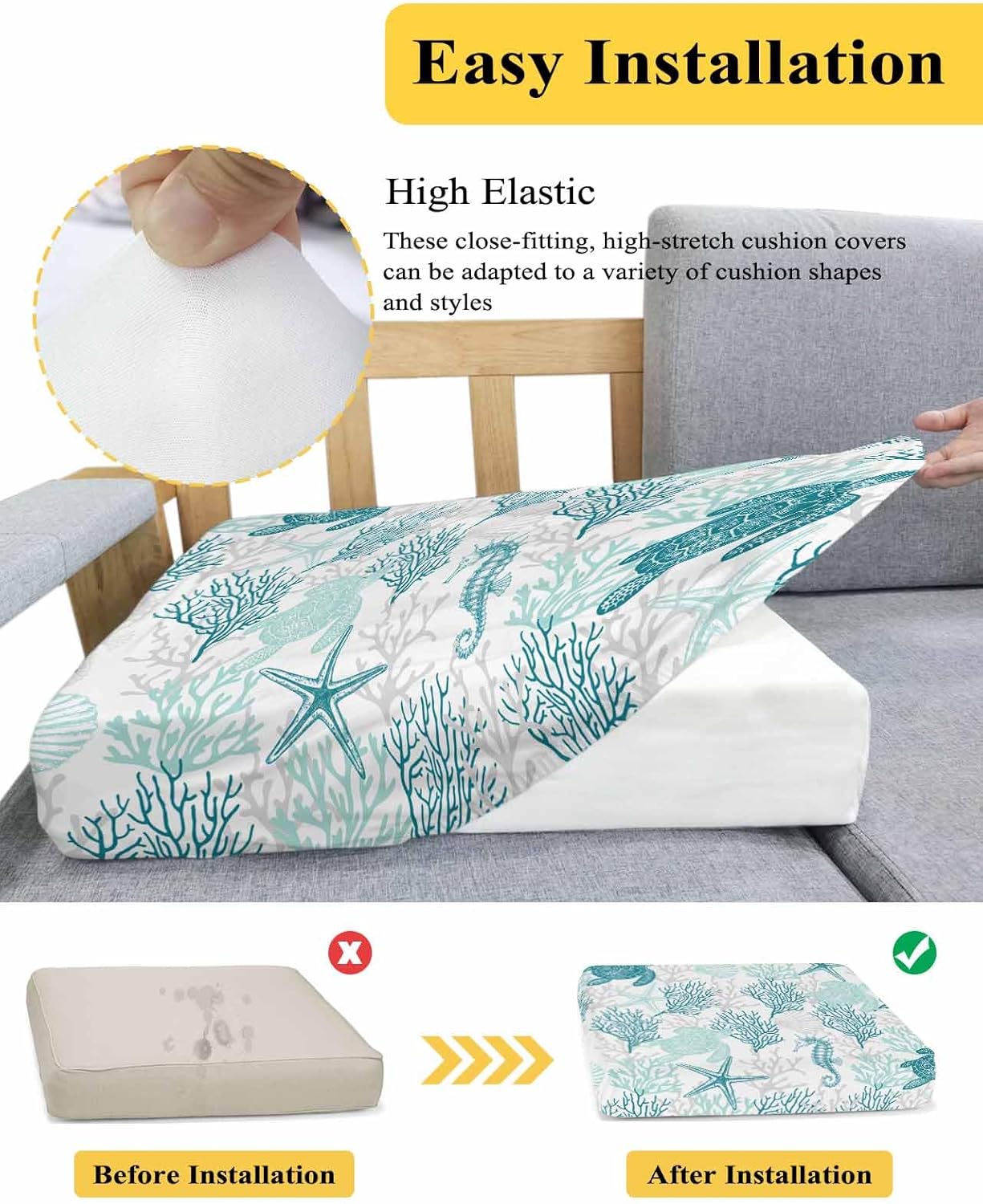 Turquoise Coral Starfish Turtle Couch Cushion Covers, Universal Sofa Cover L Shape Stretch Couch Covers Nautical Ocean Coastal Seat Cushion Slipcovers for Sectional Sofa Furniture Protector S-2pcs