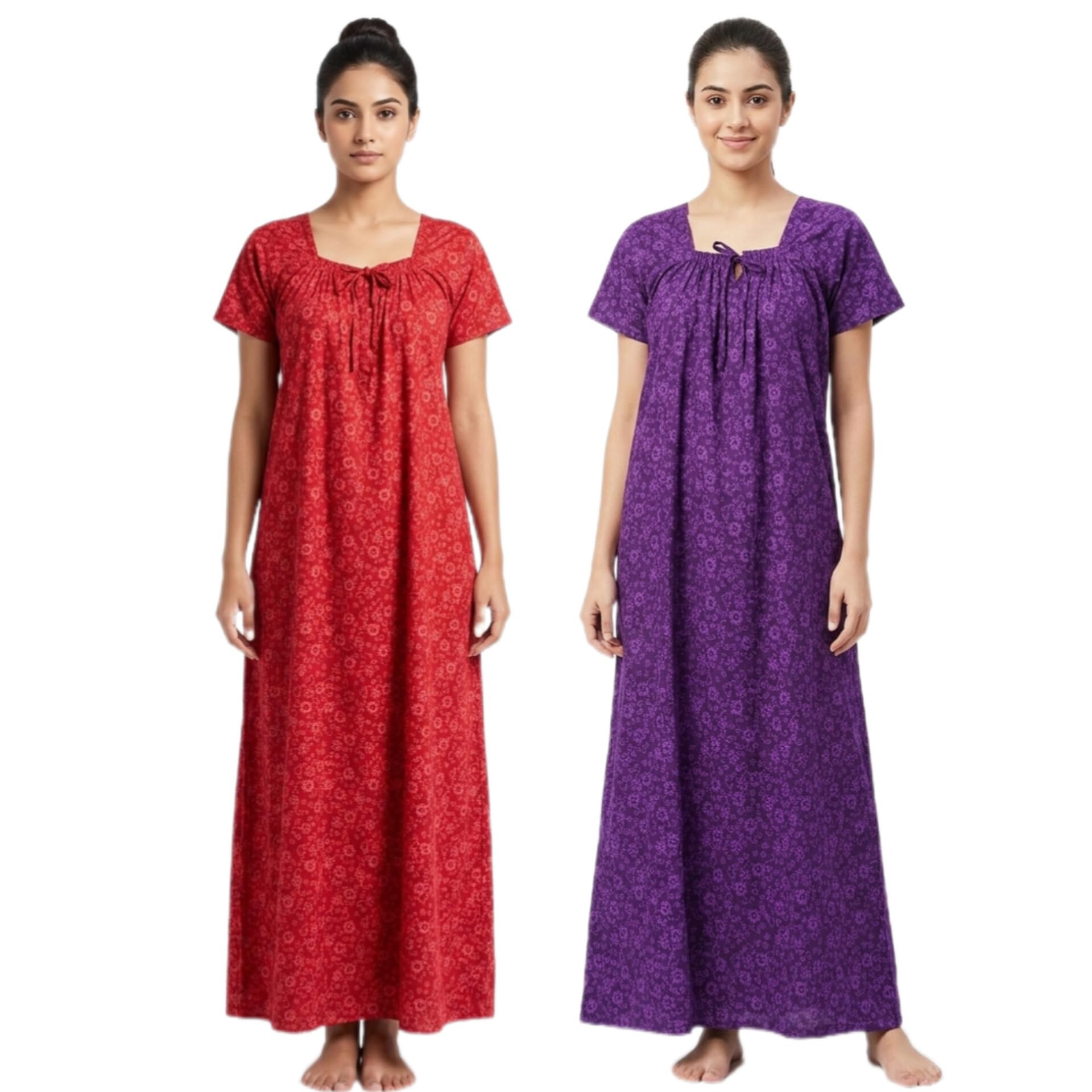 Women's Cotton Nighty, Elastic Model Cotton nioghty, Floral Print, Short Sleeve, Square Neck, Full Length, Pack of 2-picture-21