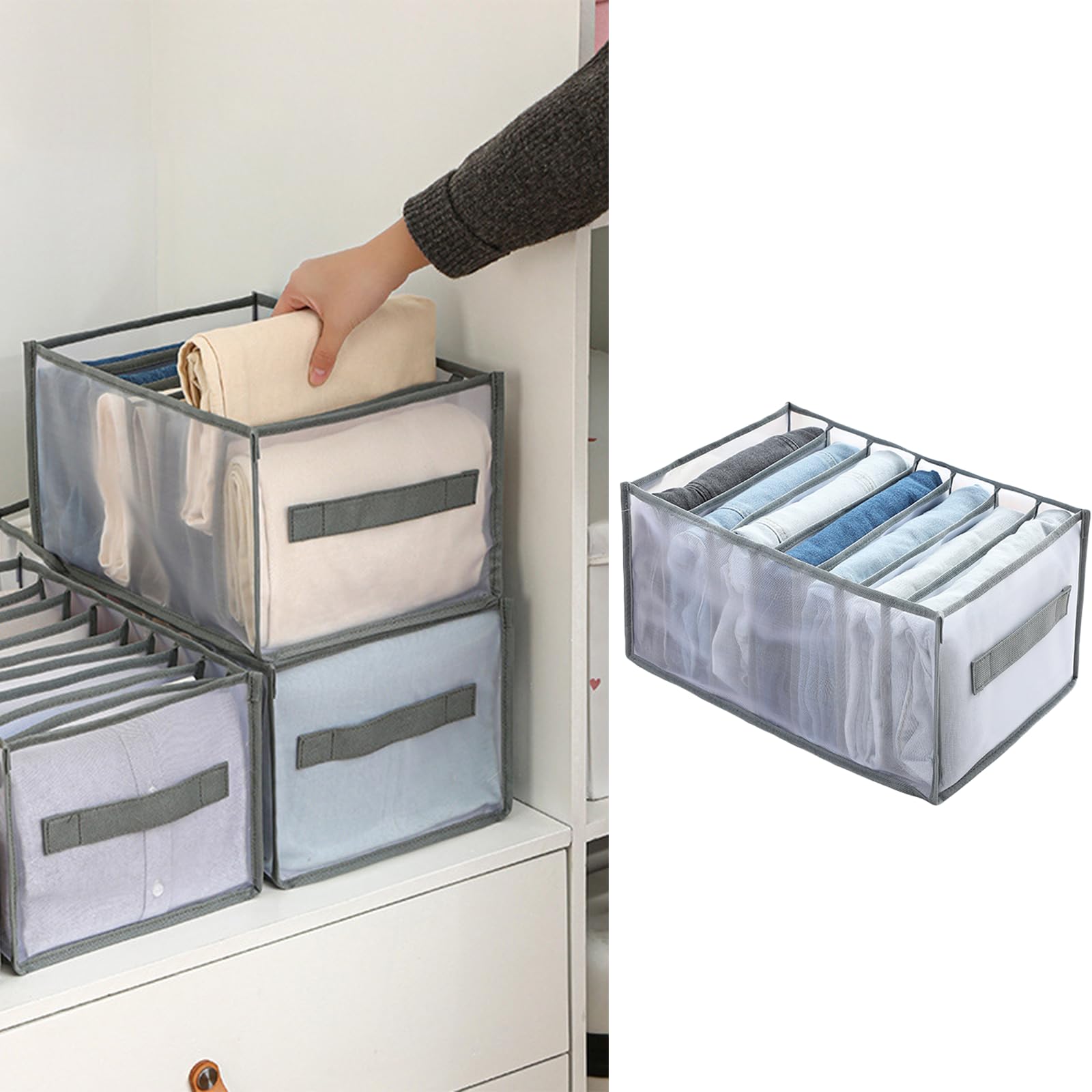 Organizador de ropa de 7 compartimentos para jeans y camisas, caja de almacenamiento plegable de tela con asas, solución para cajones de armario