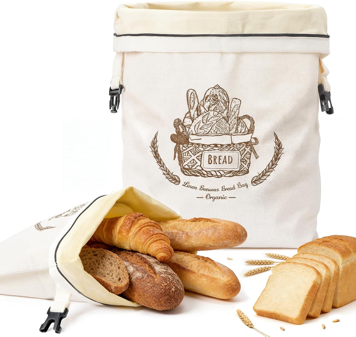 VIS'V Beeswax Bread Bags, Reusable Large Linen Cotton Sourdough Bags with Sealing Zip for Homemade Breads, 2 Pcs