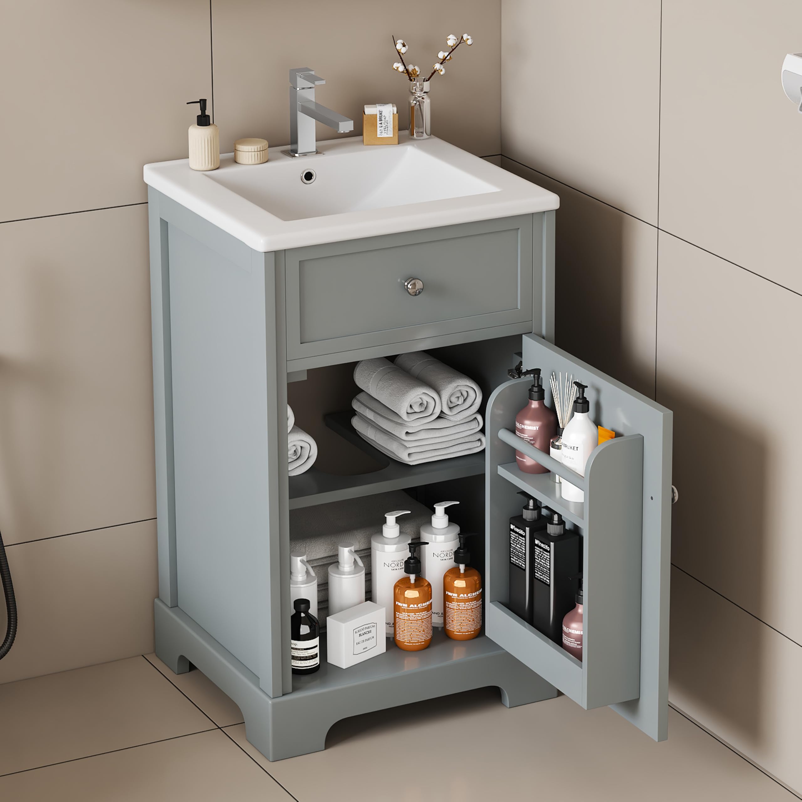 20 Inch Bathroom Vanity with Sink, Bathroom Vanity 20 Inch with Sink, 20" Bathroom Sink Vanity with Soft Closing Door, Storage Rack and Adjustable Shelf, No Mirror (Grey)