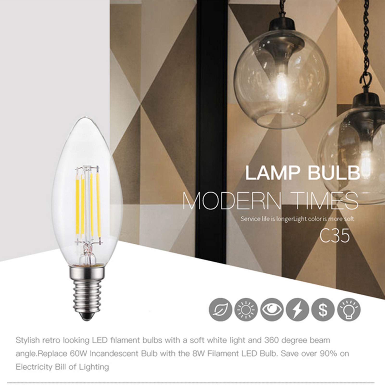 Confezione 4 Lampadine a candelabro LED E14 dimmerabili 6 W Equivalenti a 60 W, Lampadine LED C35 a filamento a candela ad alta luminosità 600 lumen, Vetro trasparente Lampadari Ventilatori soffitto