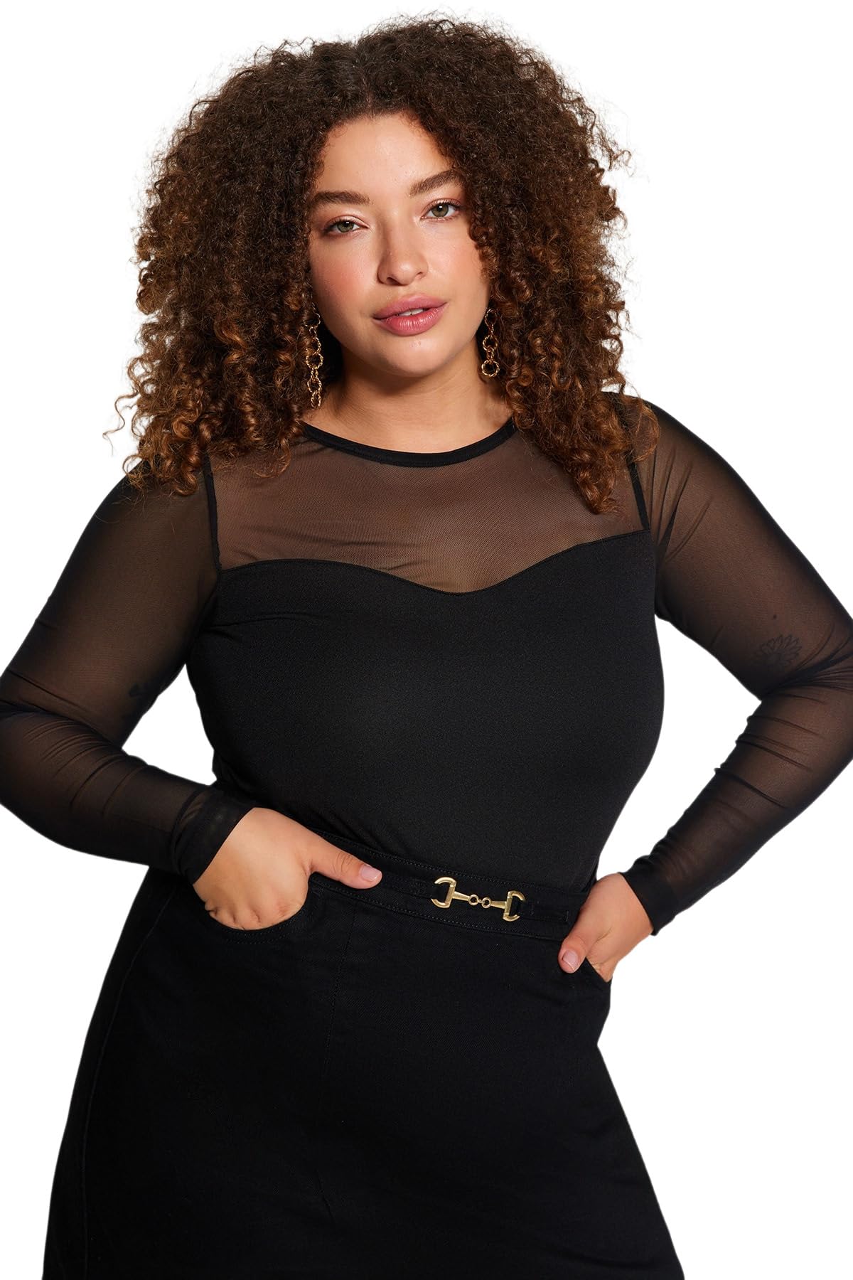 Trendyol Curve Black Sweetheart Neck Tulle Detailed Knitted Blouse