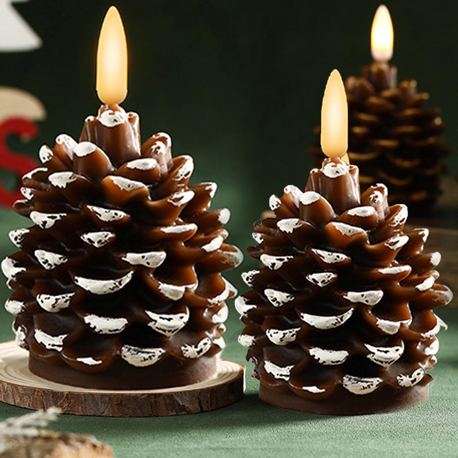 2PCS Flameless Pinecone Candles Battery Operated, Flickering Wick Real Wax Pine Cone Candles, Christmas Pinecone Candle Flameless, LED Pinecone Candle for Weddings, Party, Christmas Decor