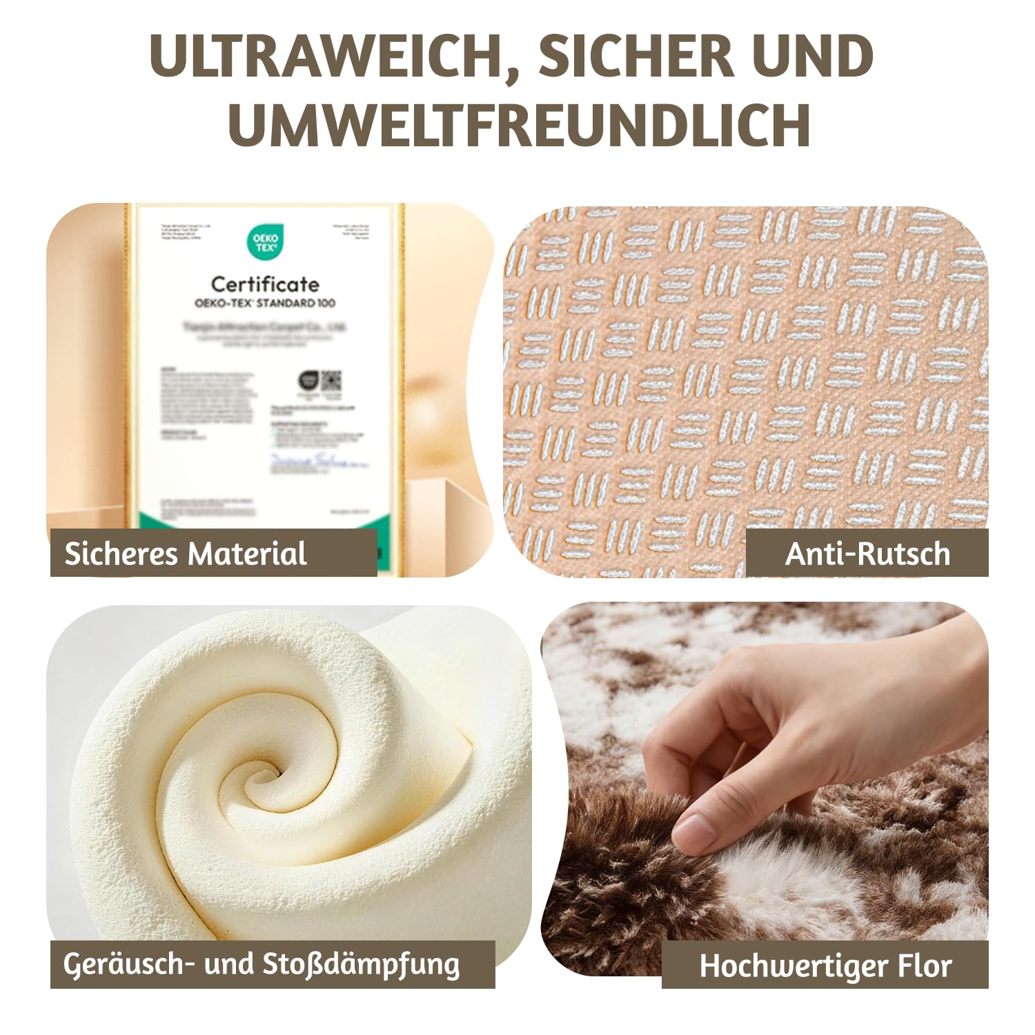 Teppich Wohnzimmer Braun 200x300 cm flauschig weich | Hochflor-Teppich, waschbar, rutschfest, weich. Ideal für offene Räume, Esszimmer und große Schlafzimmer.