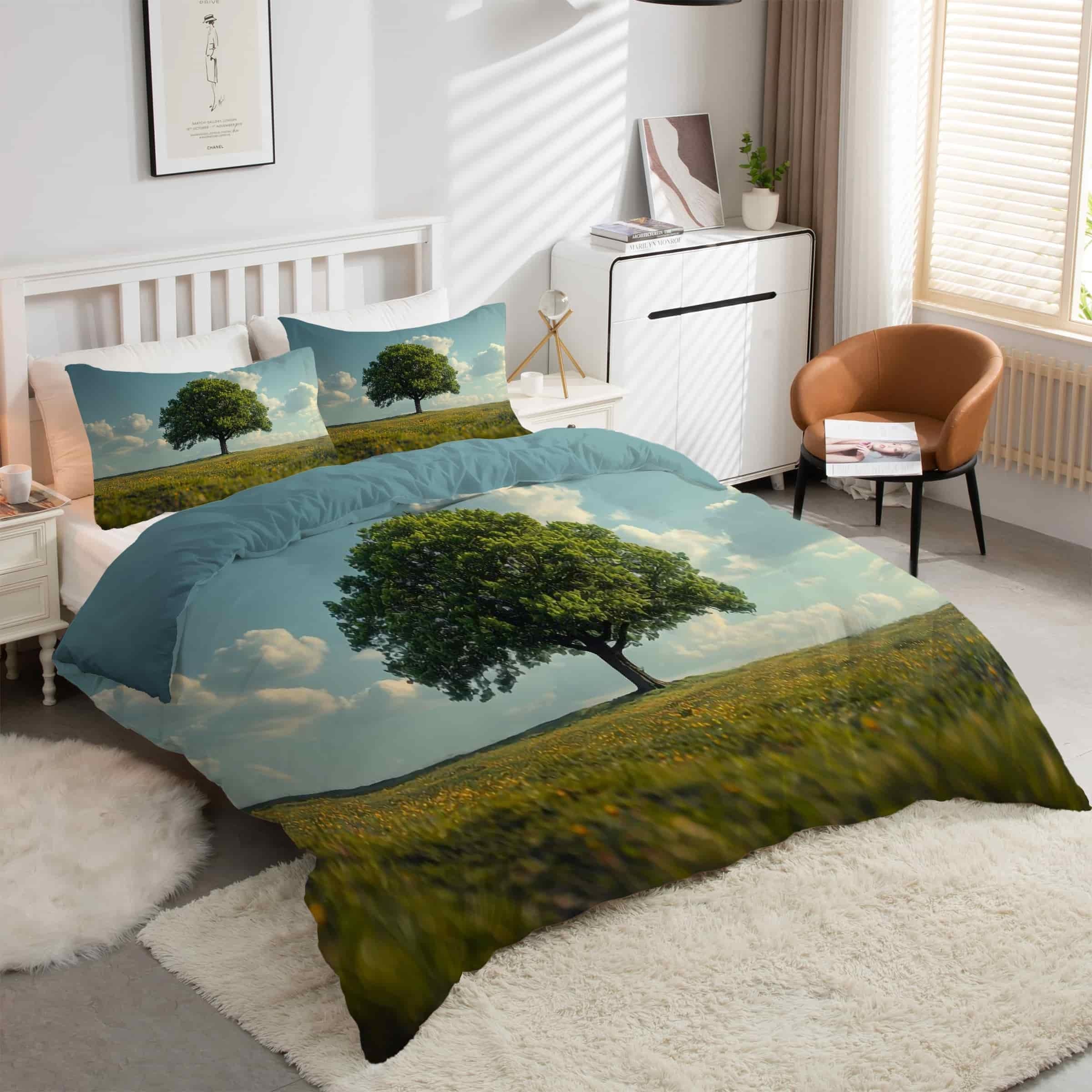 Housse de couette 200x200 ArbrePrairies avec 2 taies d'oreiller microfibre douce kK4402