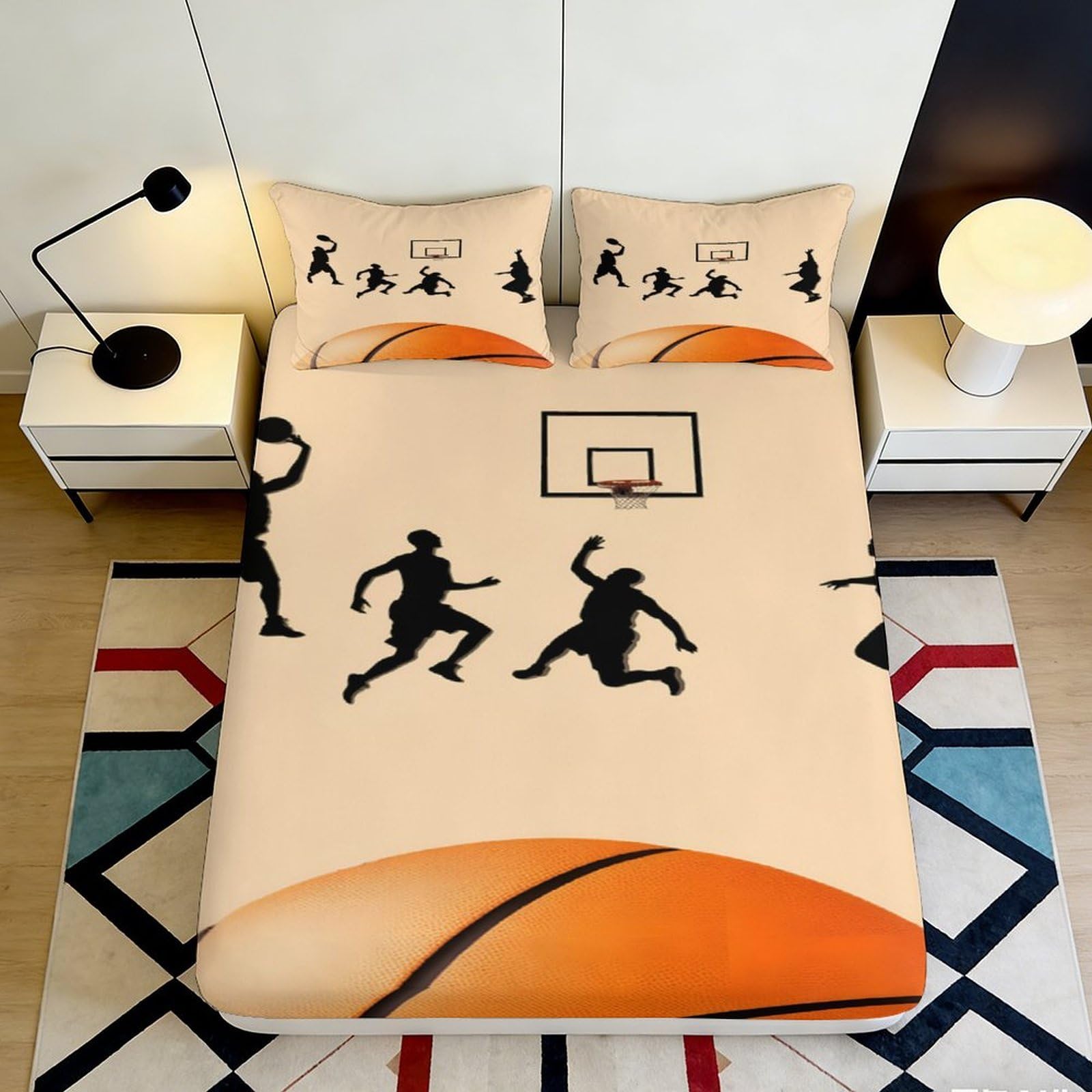 3D Printed Basketball Dunk Fitted Sheet Microfiber Bedding for Bedroom Dorm Mattress Protection Decor, Anti-Slip, Easy Care 160x200x25cm