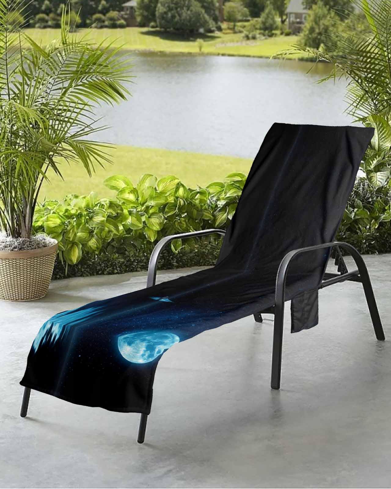 Nautical Sailboat Beach Chair Towel Covers for Chaise Lounge With Side Pocket, Soft Plush Pool Towels Cover for Patio Sunbathing Outdoor 29''x85'' Summer Night Moon Natural Landscape