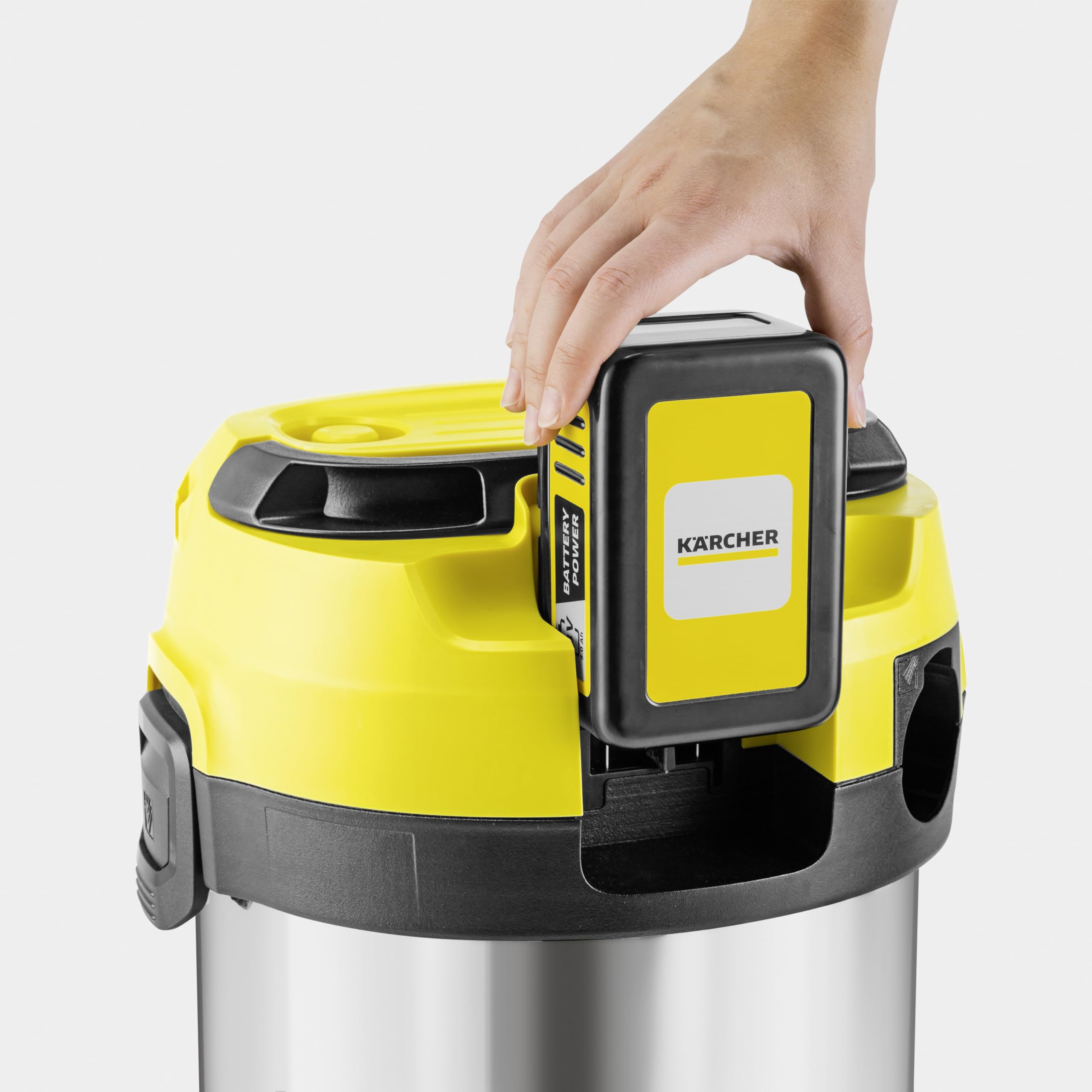 KÄRCHER Aspirateur Eau et Poussières sans Fil 18 V WD 3-18 S, Fonction Soufflerie, Cuve en INOX : 17 l, Flexible : 2 m, Filtre Cartouche, Suceur Eau et Poussières, Suceur Fentes, sans Batterie