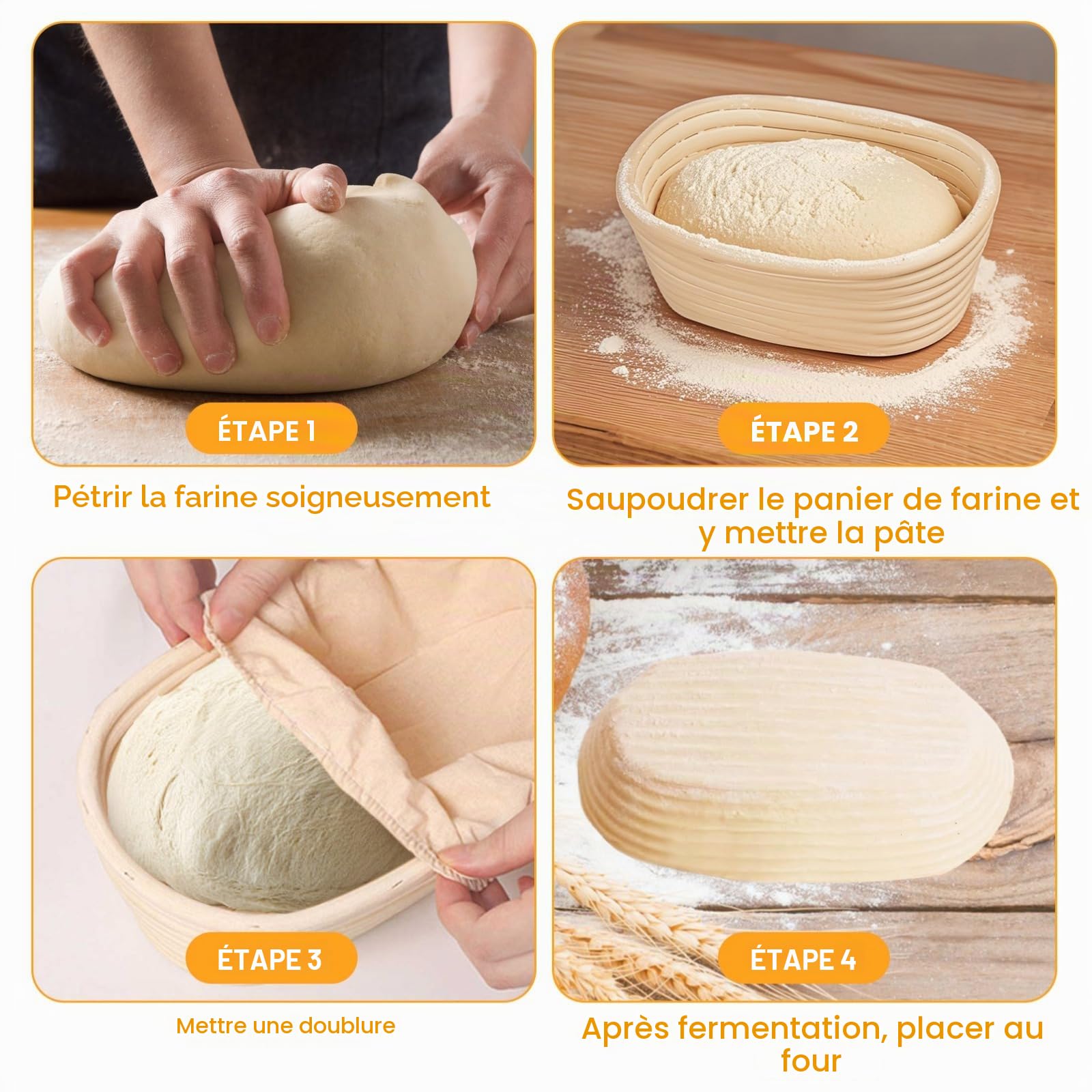Lot de 6 Paniers de Levain, Banneton Ovale Panier Fermentation Pain Set Panier Fermentation Pain Set Compris Toile Kit Boulangerie, pour Faire du Pain Traditionnel