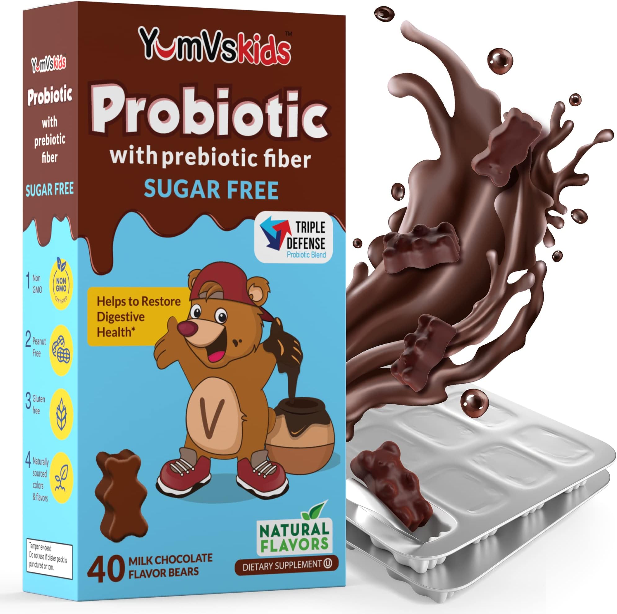 YUM-V'S Probiotic For Kids Milk Chocolate Flavor ; Children’S Daily Dietary Supplement Chewables With Prebiotic Fiber Sugar Free Kosher Halal Gluten Free 1-Pack N/a