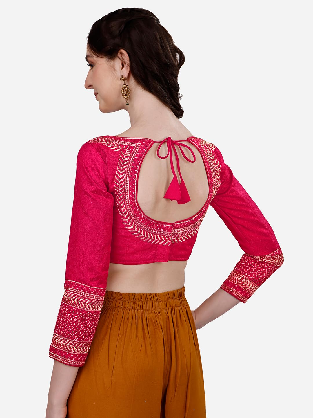 Pujia Mills Women's Milan Silk Heavy Embroidery with Sequins Worked Full Sleeve Fancy Saree Blouse Pink(Charlie Pink) 2