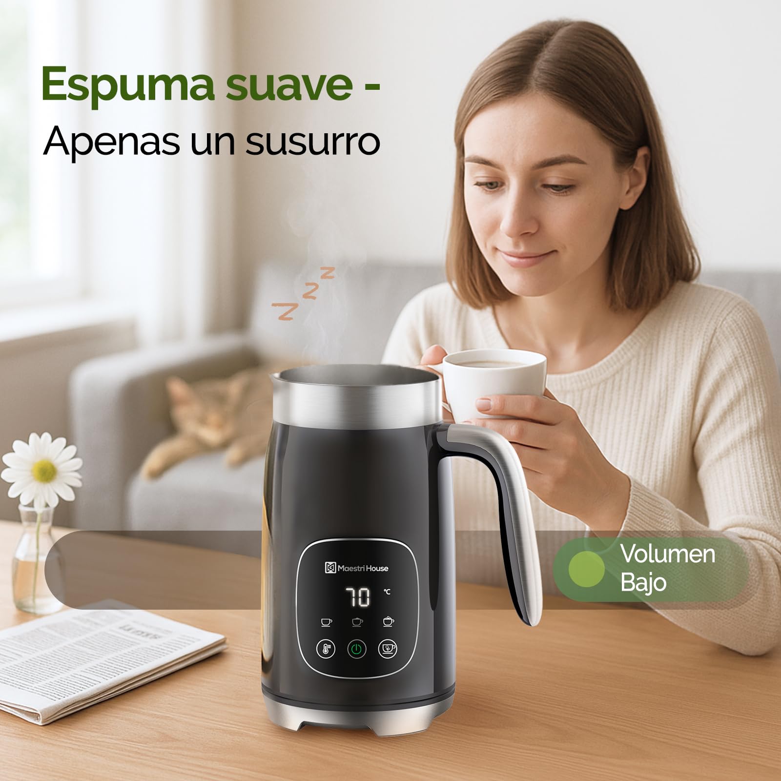 Maestri House Espumador de leche, 4 en 1 Espumador de leche de temperatura y espesor variables y vaporizador, 400ml Control táctil inteligente Fabricante de espuma, función de memoria para café con