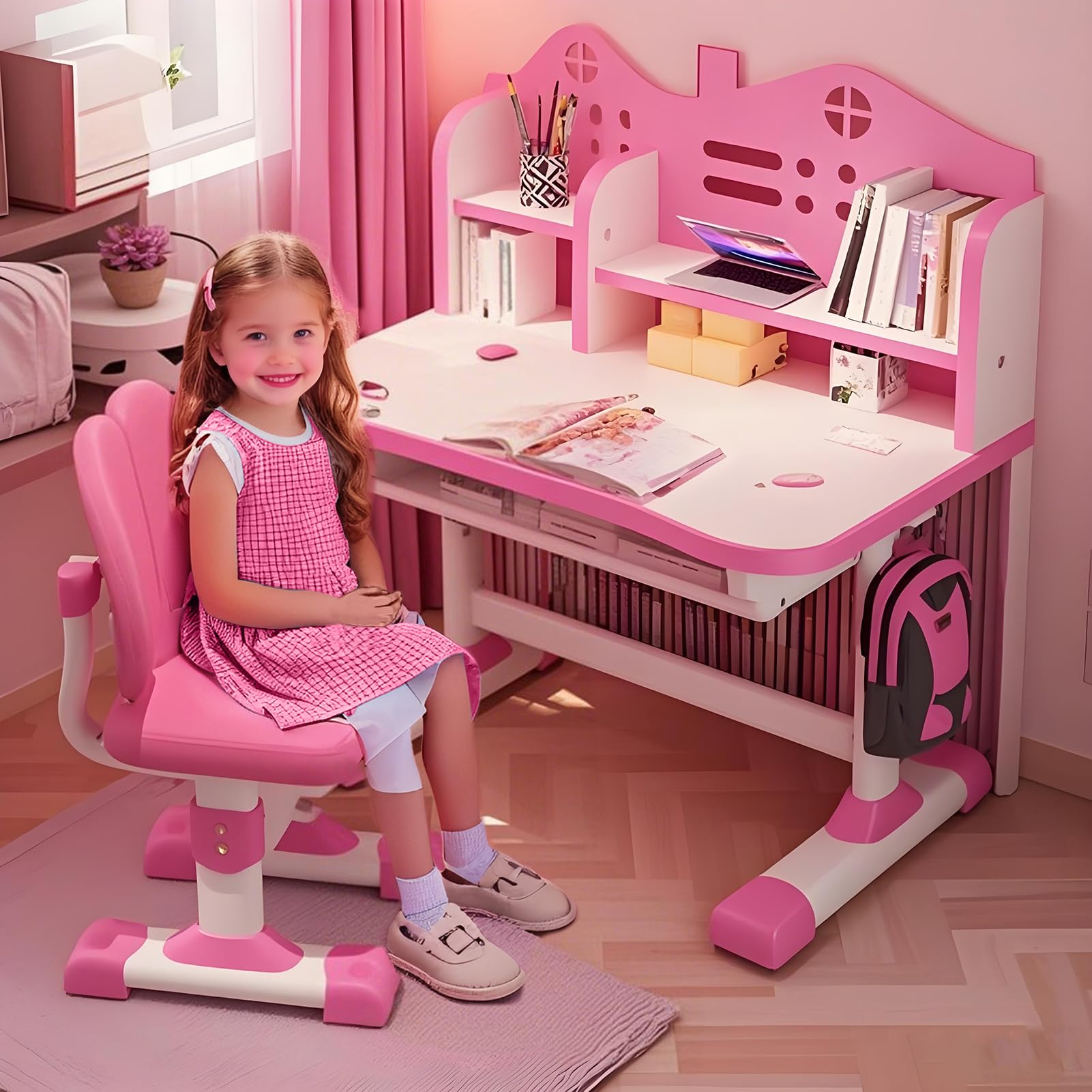 ilkqeppe Kids Desk and Chair Set, Children's Desks, Girls Desk for Kids Bedroom, Height Adjustable Kids Study Table and Chair Set with Drawer — image 1