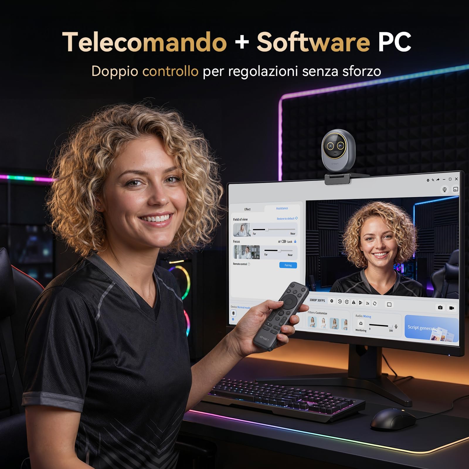 EMEET Piko Webcam 4K per Streaming a Doppia Obiettivo, Telecamera Grandangolare e Teleobiettivo, Zoom Ibrido 11X, Autofocus 0,2s, Telecomando, 3 Microfoni, Copertura Privacy Panda, USB C per Lavoro