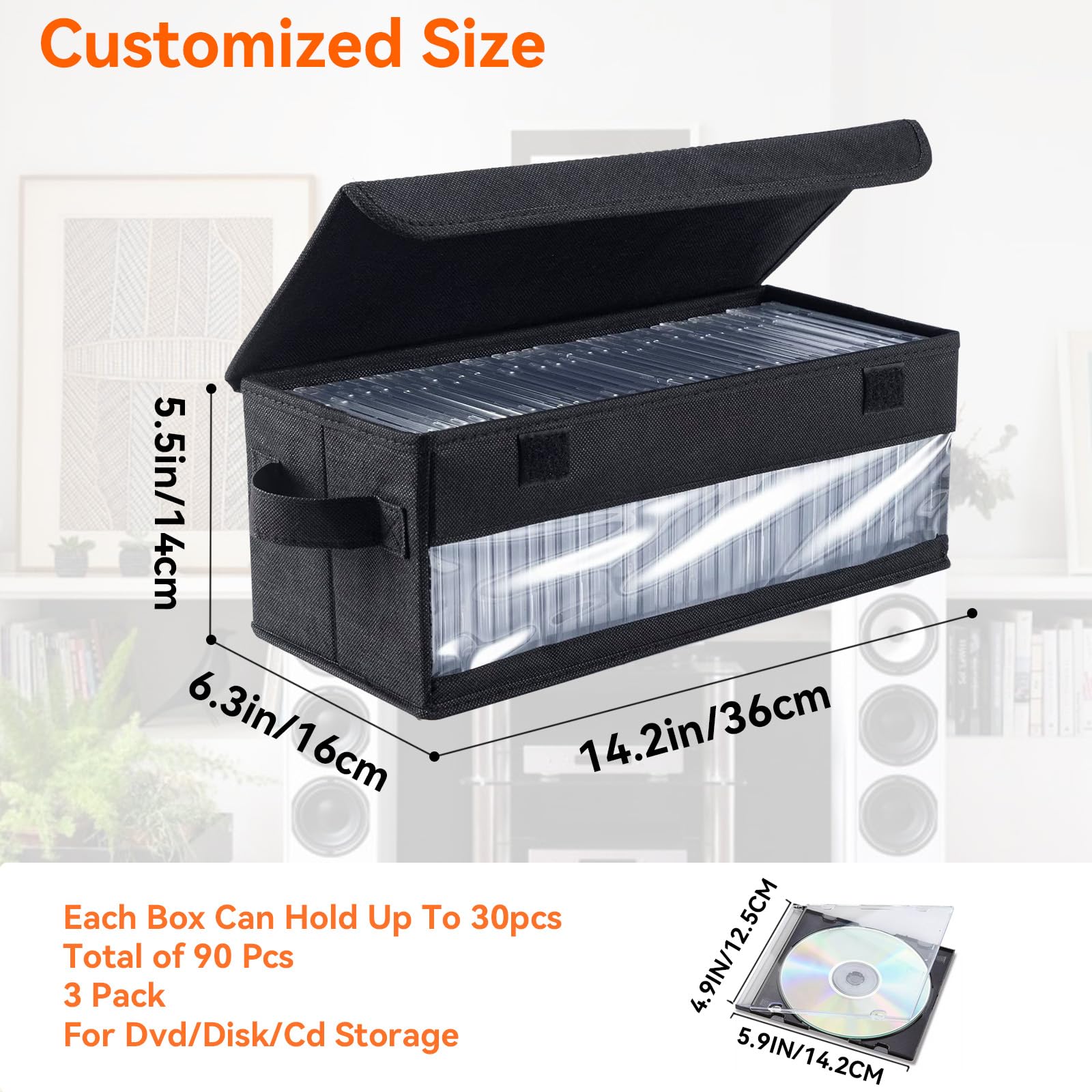 Scatola Porta CD con Coperchio,porta cd portatile Con finestra di visualizzazione,Contenitori Impilabili con Coperchio Pieghevole per 32 CD per Casa e Auto, Nero