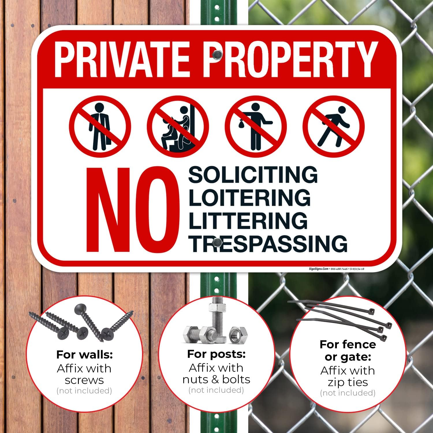 Private Property No Soliciting Loitering Littering Or Trespassing Sign, 12x18 Inches, Rust Free .063 Aluminum, Fade Resistant, Made in USA